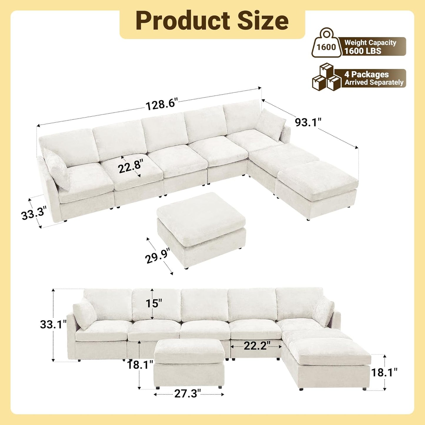 Tbfit L Shaped Couch 8 Seat, Sectional Sofa for Living Room,Chenille Cloud Couch with Ottoman, Beige