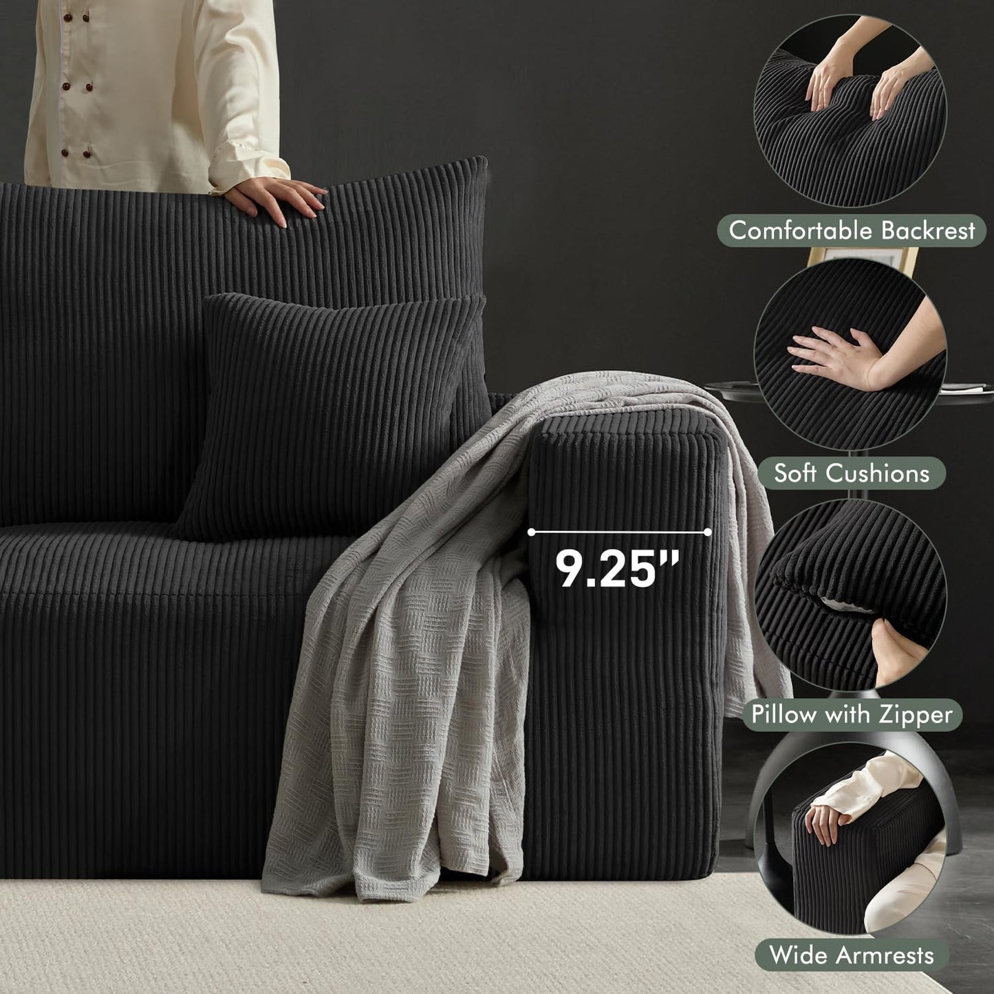 Boneless Cloud Couch Sofa for Living Room, 112" 3 Seater Black Modern Lounge Sleeper Couch, No Assemble, Cordury Compression Upholstered Couches