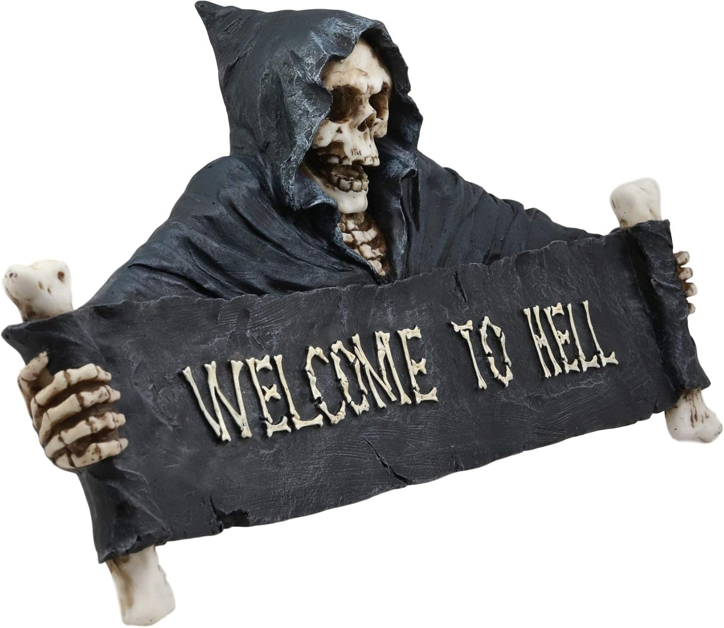 Ebros Large Grim Reaper Skeleton Opening Scroll Sign Of Bones Saying "Welcome To Hell" Wall Decor 17.5"Long Halloween Night Reaper Harvester of Souls 3D Hanging Art Plaque Sculpture