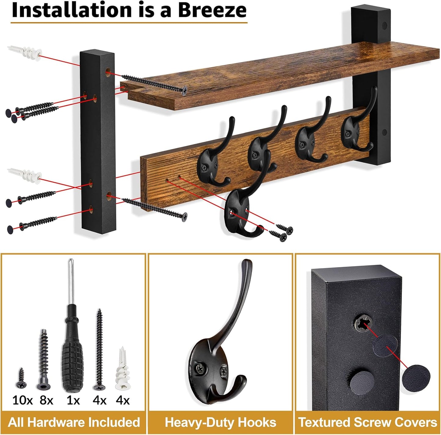 Sorbus Coat Hooks Wall Mount with Shelf – 24 Inch Coat Rack Wall Mount with 5 Heavy Duty Hooks – Floating Wall Shelf with Hooks for Entryway, Bathroom, Bedroom, Kitchen, or Mudroom (Rustic Brown)