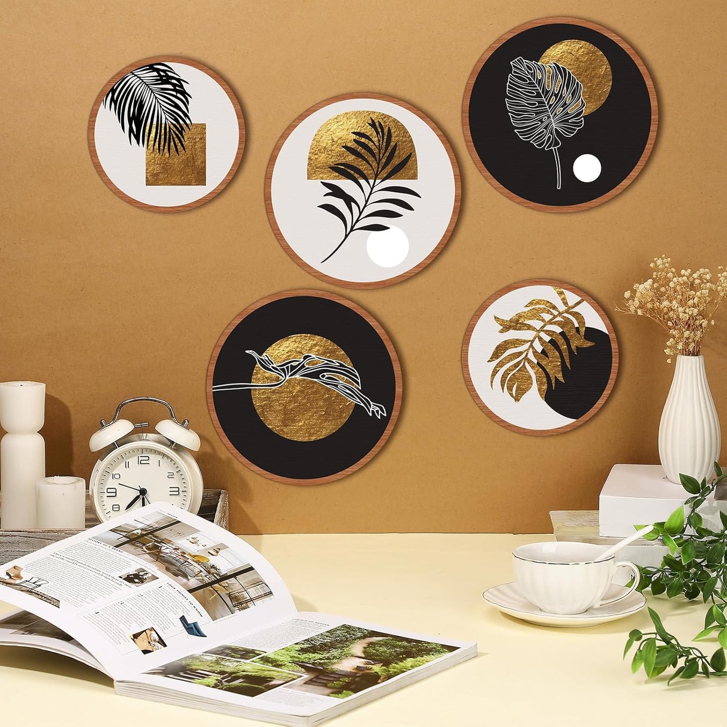 Qunclay 5 Pcs Wall Art Decor Wooden Living Room Wall Decor Bohemian Hanging Farmhouse Geometric 10'' and 8'' Aesthetic Wood Minimalist Posters for Bedroom(Rustic, Leaf)