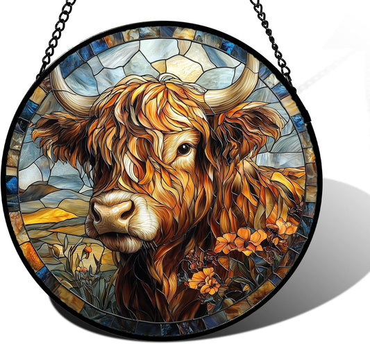 Stained Glass Window Hanging - Funny Cow Flower Suncatcher Ready to Hang Window Doors Home Decoration and Christmas, Mother's Day Birthday Gifts for Women, Men, and Mom 6.3x6.3 in