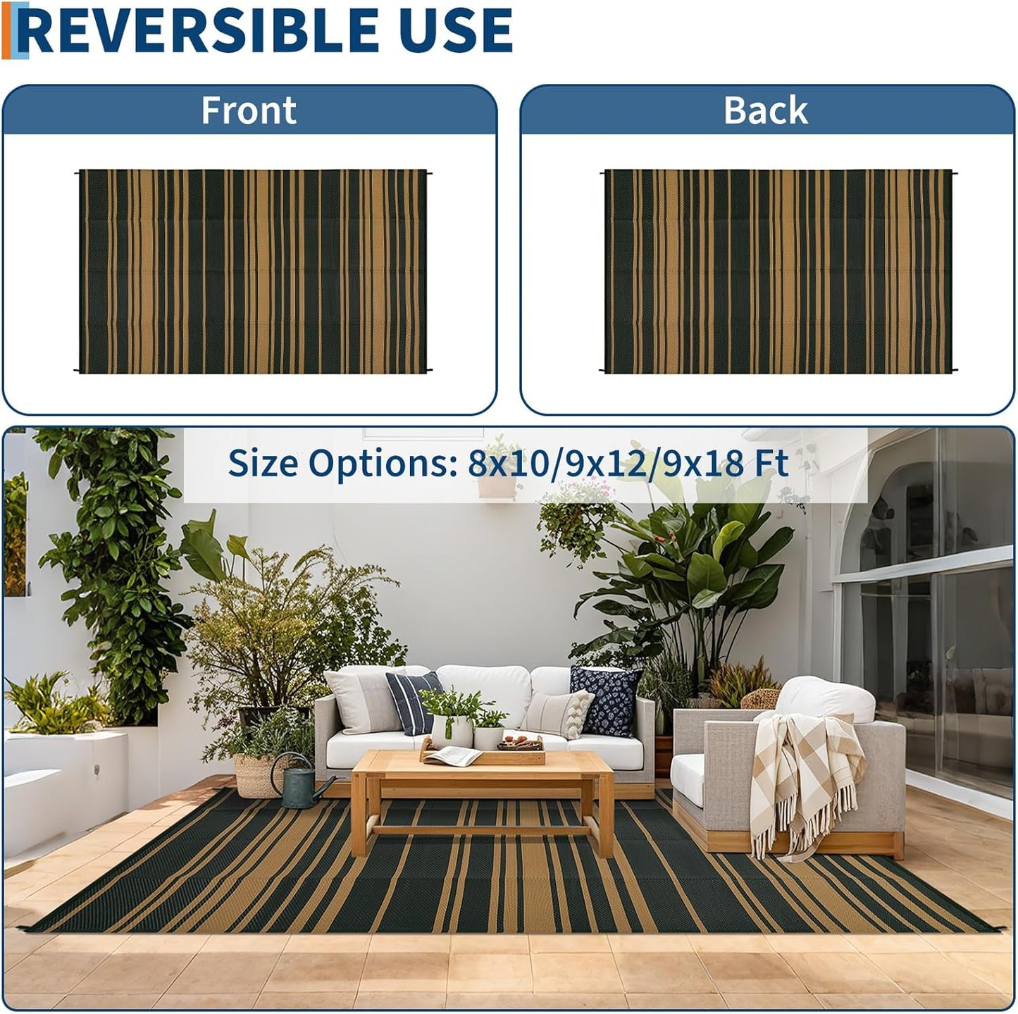 Waterproof Outdoor Rug 8x10 Contemporary Reversible Plastic Straw Rug, Easy Cleaning Striped Patio Carpet, UV-Resistant Indoor Outdoor Floor Cover for RV, Porch, Deck, Backyard, Black Brown