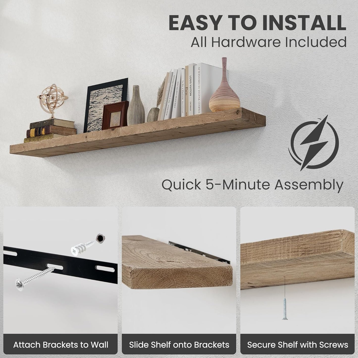 Solid Wood Floating Shelves, 8" Deep Rustic Reclaimed Barnwood Wall Hanging Floating Shelf with Invisible Heavy-Duty Metal Bracket | Wall Mounted | Farmhouse Style | 55 inches,1PC,Natural