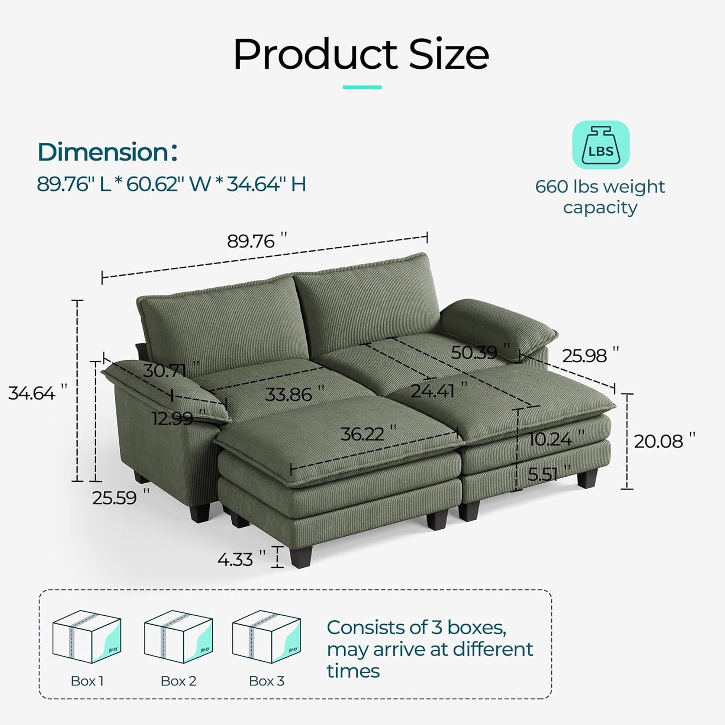 LINSY HOME Modular Sectional Sofa - 90'' Sleeper Sofa Cloud Couch Oversized Corduroy Sofa Bed with Movable Ottoman Soft Modern Comfy Couch for Living Room Apartment Office, Green