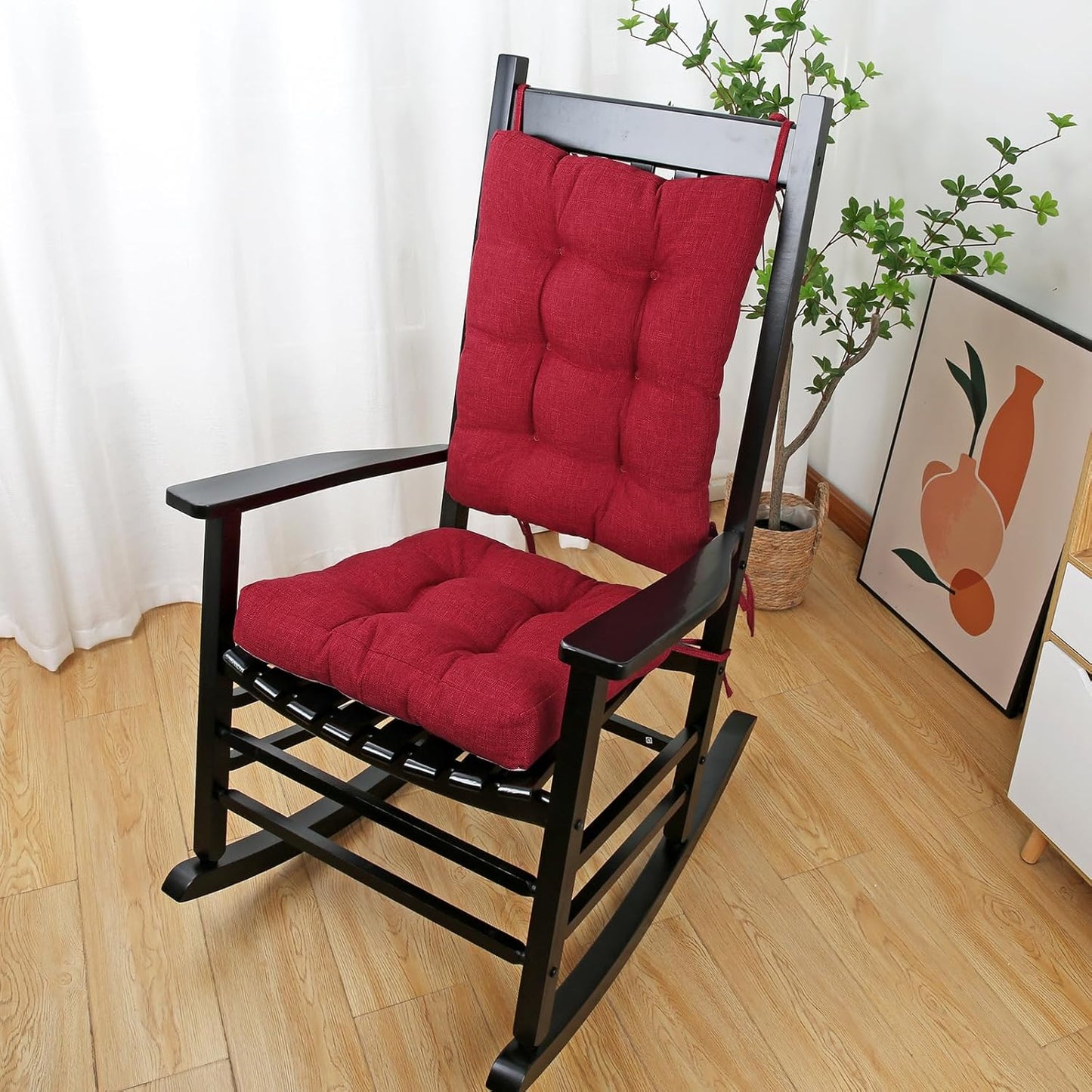 BUYUE Chair Cushion Set for Rocking Chair, Back Pillow & Seat Cushion with Ties, Original Woven Fabric Non-Slip Chair Pads for Elderly Sitting, Red