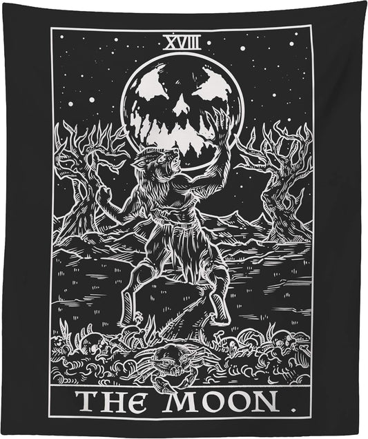 The Moon Tarot Card Tapestry (Black & White) - Werewolf - Gothic Halloween Home Decor Wall Hanging (80" x 68")
