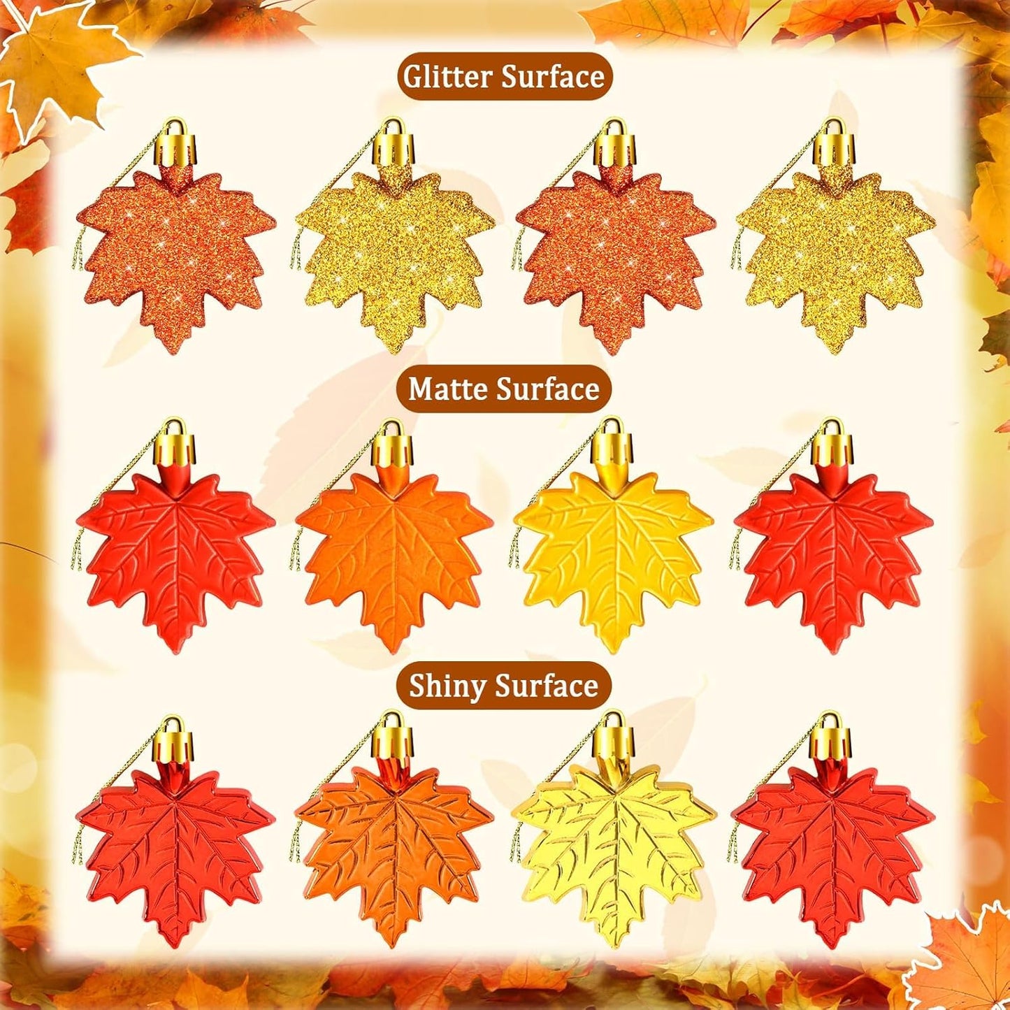 JULMELON 24 Pcs Fall Thanksgiving Maple Leaf Ornaments Tree Decorations Fall Autumn Mini Maple Hanging Ornaments with Rope Glitter Maple Pendant for Farmhouse Rustic Party Favors Supplies