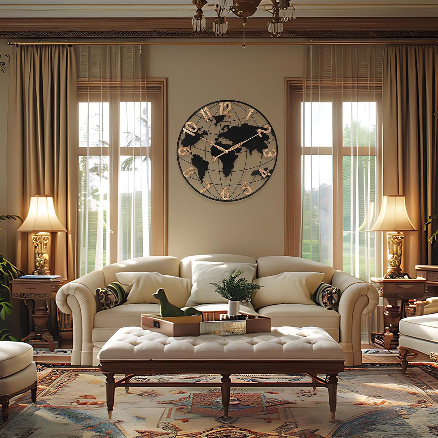 30 Inch Extra Giant Large Wall Clock Oversized,Black Big Metal Modern Decorative Silent World Map Wall Clock with Vintage Gold Arabic Numeral for Office,Living Room,Kitchen,Dining Room Decor