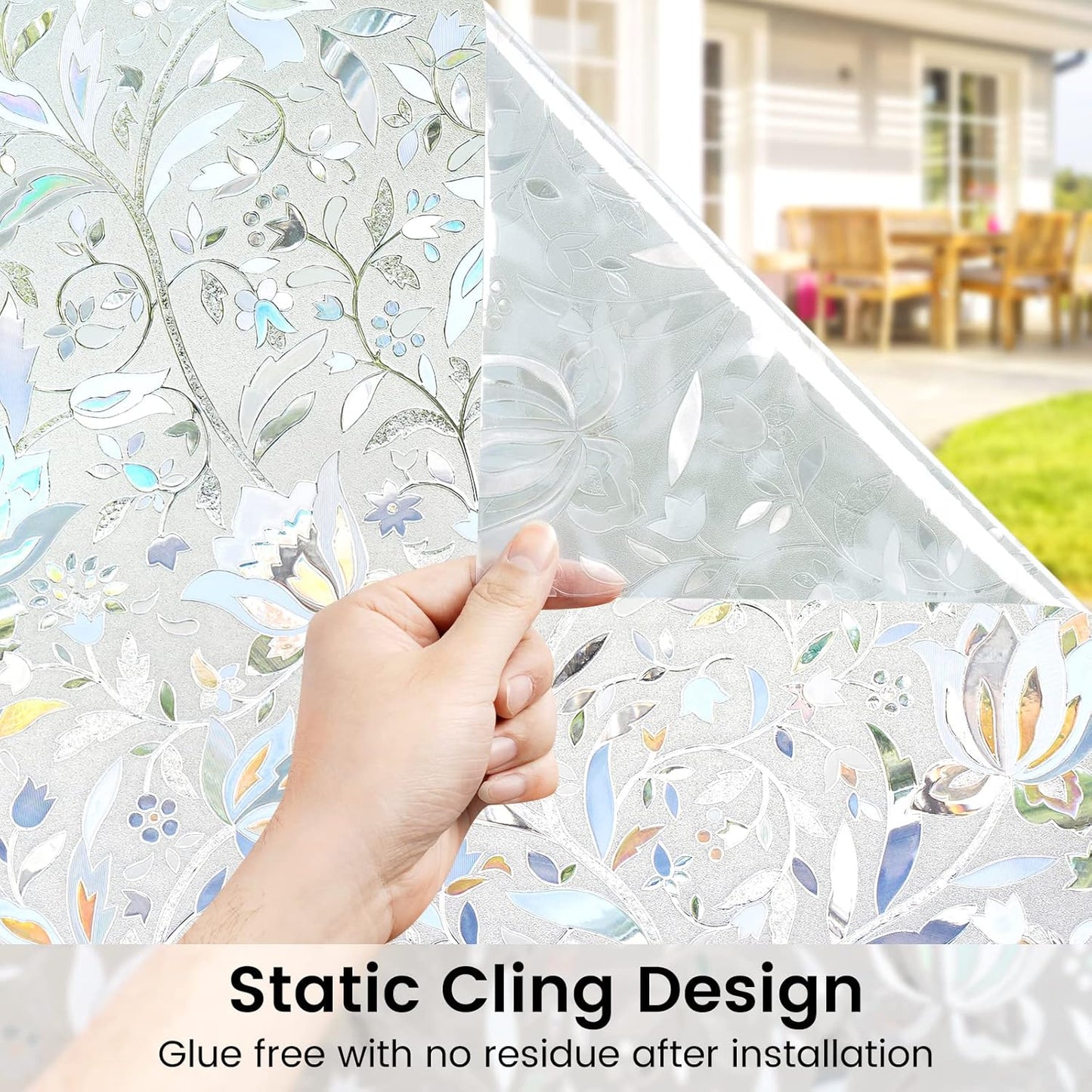 DOWELL Window Privacy Film, 3D Stained Glass Rainbow Films, Decorative Window Vinyl Sun Blocker Door Covering, Static Cling Non-Adhesive Glass Sticker for Home, Blooming Flowers, 17.5"x78.7"