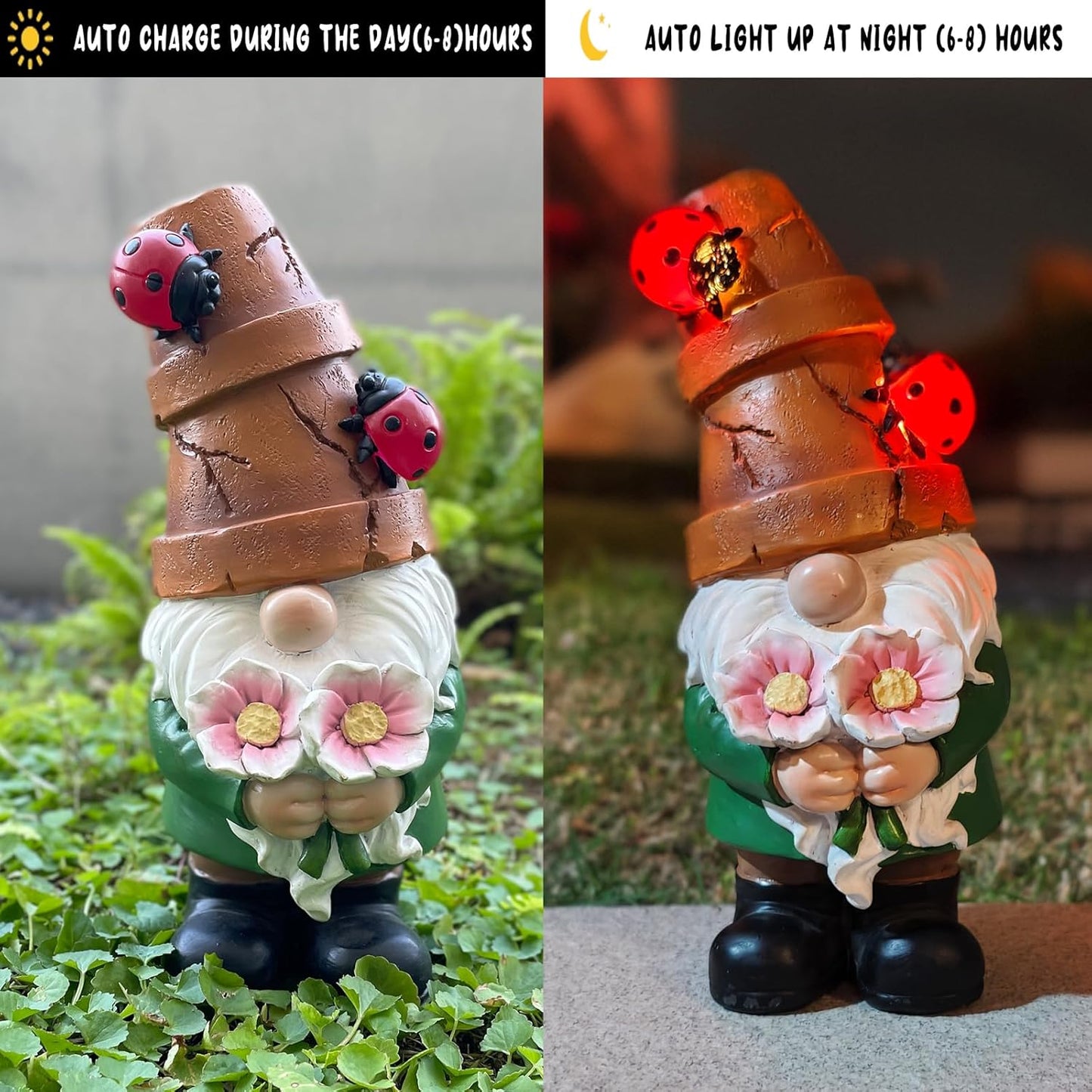 COWOS Garden Gnome Statues Outdoor Decor, Solar Gnomes with LED Lighted Flowers, Solar Resin Outdoor Statue Sculpture, for Woman Gift Home and Garden Decor