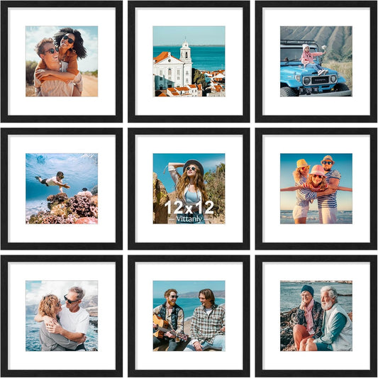 Vittanly 12x12 Picture Frames Set of 9, Shatter Resistant Plexiglass, Display 8x8 Pictures with Mat or 12x12 without Mat, Photo Frames for Wall Mount, Engineered Wood, Black