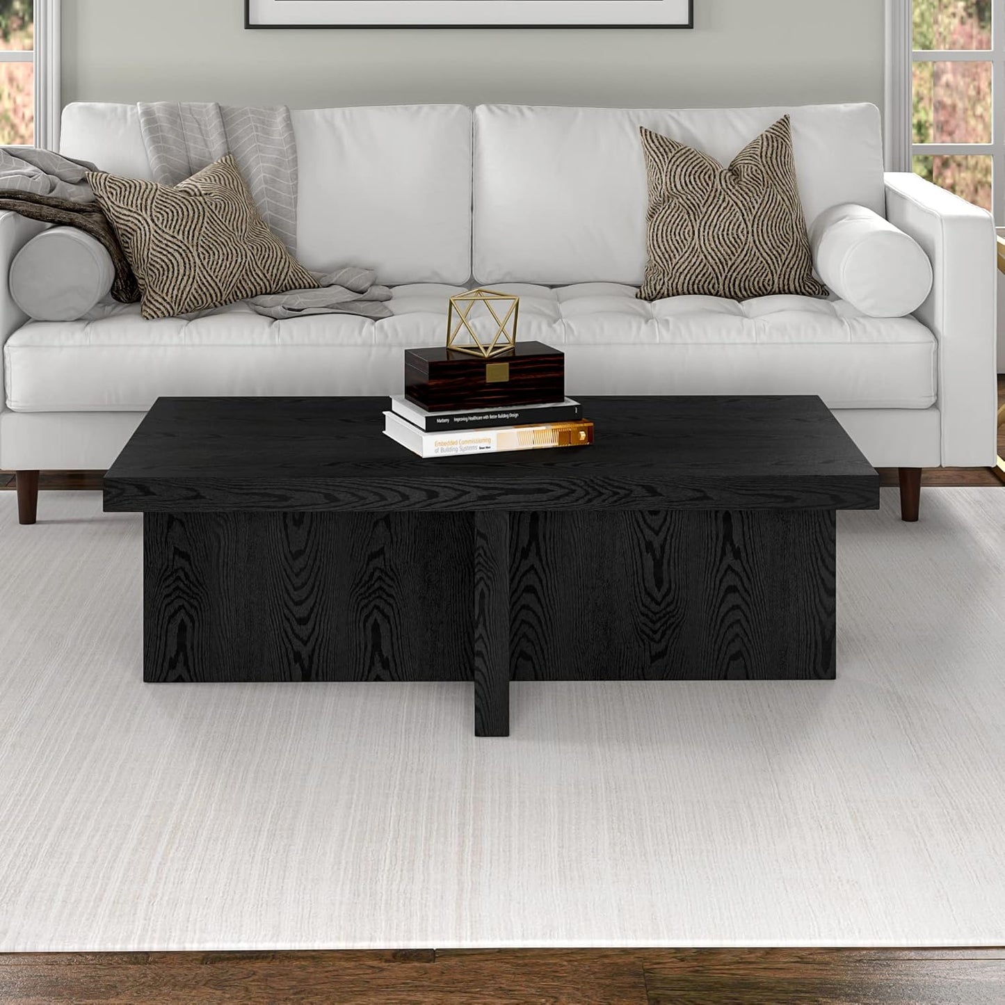 Henn&Hart 44" Rectangular Wood Pedestal Low-Profile Coffee Table for Living Room, Family Room, or Office, Black Grain