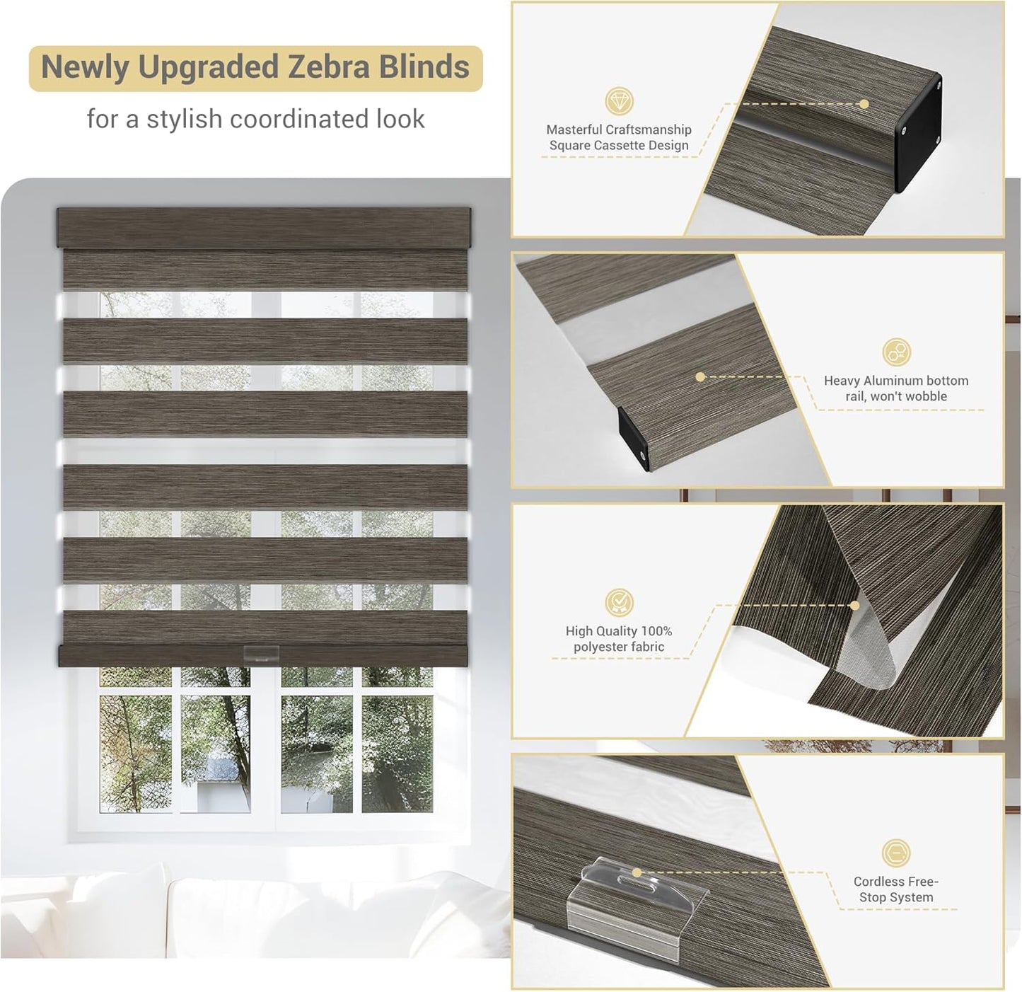 Cordless Zebra Blinds for Windows, Blackout Interior Blinds,Easy to Install,UV Protection,for Offices and Home,Custom Roller Shades, Mousse Dark Bown,74" W x 36" H