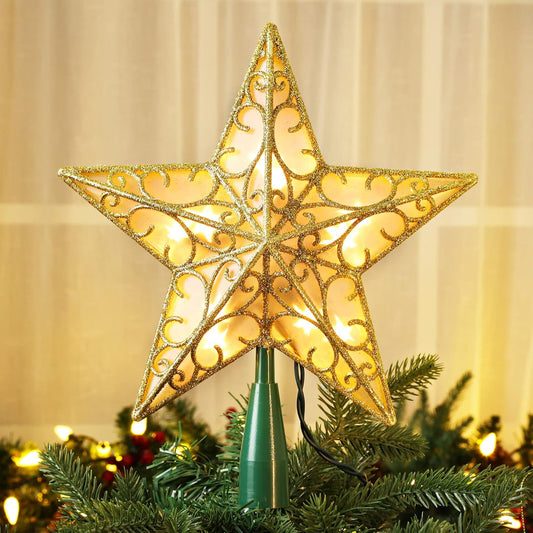 ODEETRONIC Christmas Star Tree Topper Lights, 9.5in UL Certified 3D Star Tree Topper, Double Sided Christmas Tree-top with 10 Count Incandescent Warm White Lights for Xmas Tree Home Decor, Gold