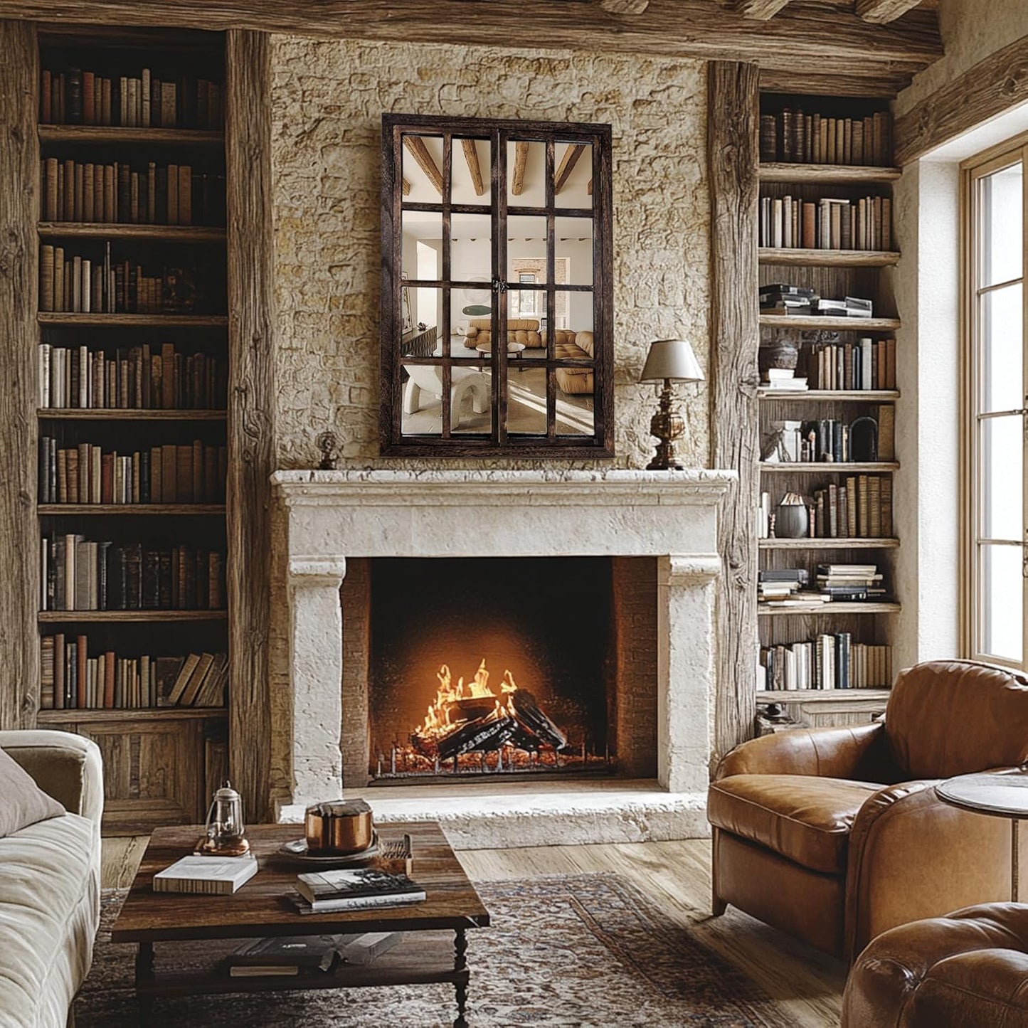 Wall Mirror with Window Design, 36"x24" Rustic Farmhouse Wood Mirror for Wall Decor, Decorative Vintage Mirror for Living Room, Bedroom, Entryway