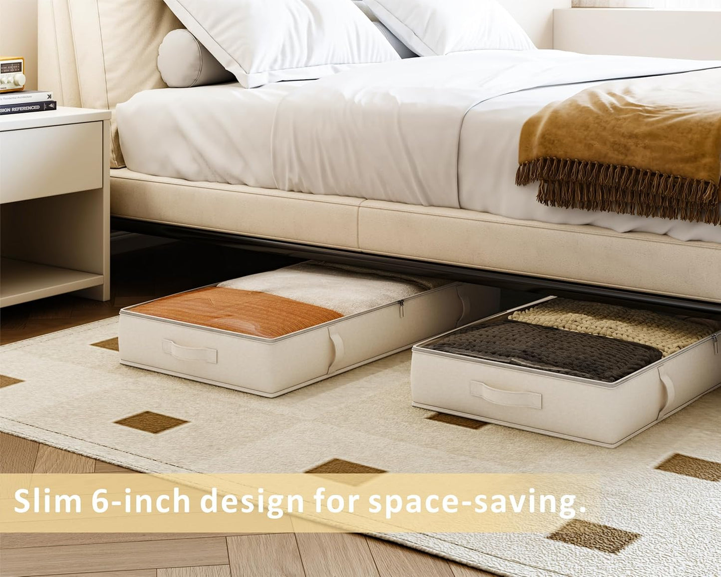 Vailando Under Bed Storage Containers, Underbed Storage Bins with 6 Inches Tall, Clothes Storage Box with Sturdy Handles and Sidewalls, Beige, 2-Pack