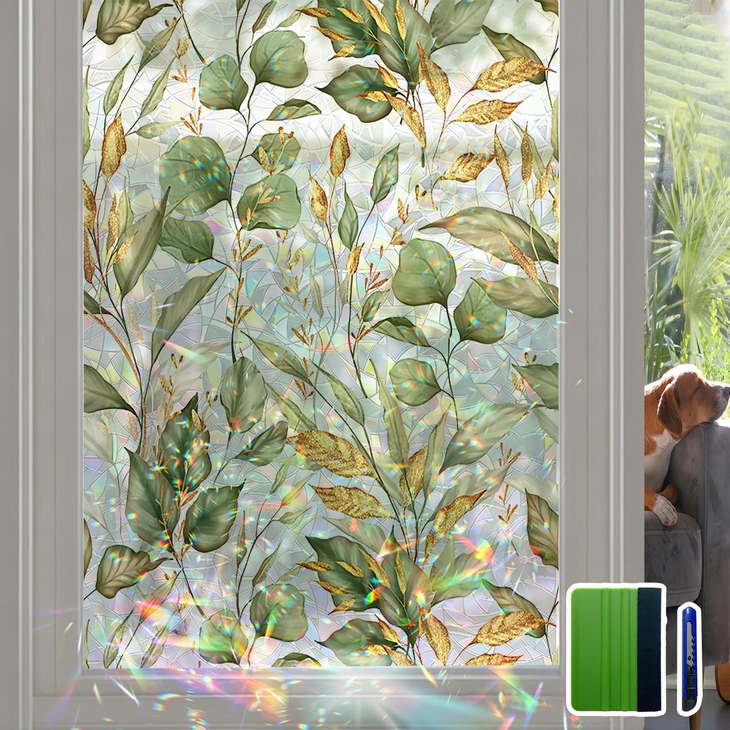 Rainbow Window Privacy Film with Tools, 3D Stained Glass Window Film, Spring & Autumn Leaves, 16.93" x 118.11"(43X300CM)