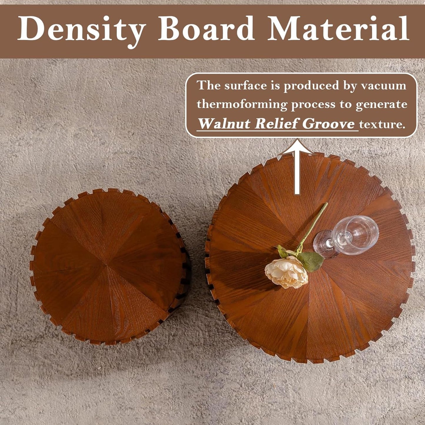 Round Nesting Coffee Table Brown Round Fluted Coffee Table Set of 2 for Living Room Small Circle Drum Nested Coffee Tables (Brown 27in)