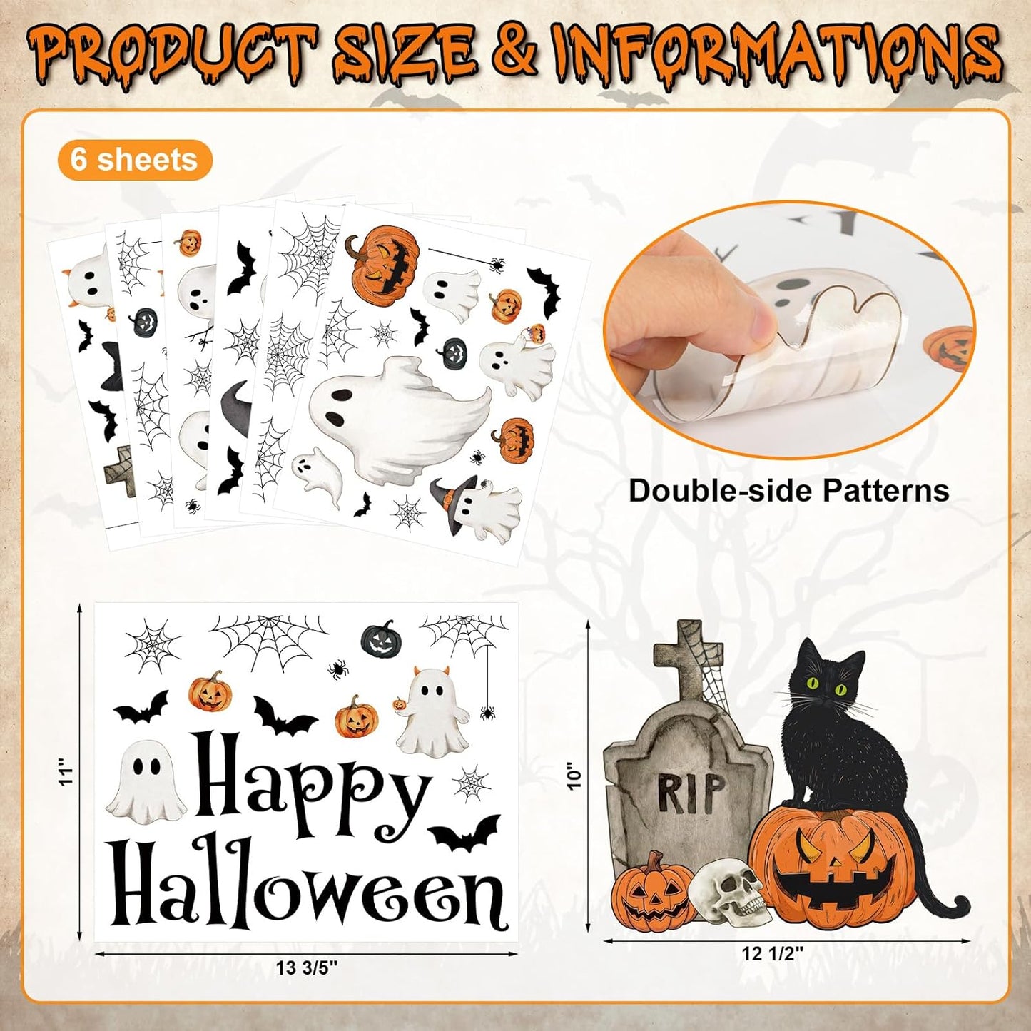 Vintage Halloween Window Clings 6 Sheets, Large Retro Spooky Ghost J-O-Lantern Pumpkin Reusable Window Decals Stickers for Home Halloween Party Decorations Supplies (Ghost)