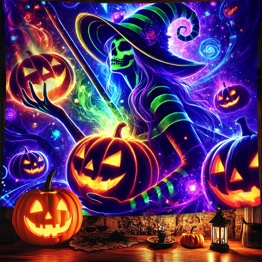 Halloween Tapestry, Blacklight Tapestry for Halloween Party Decor Hanging Tapestries Backdrop Wall Art Poster for Bedroom Dorm 90x70in