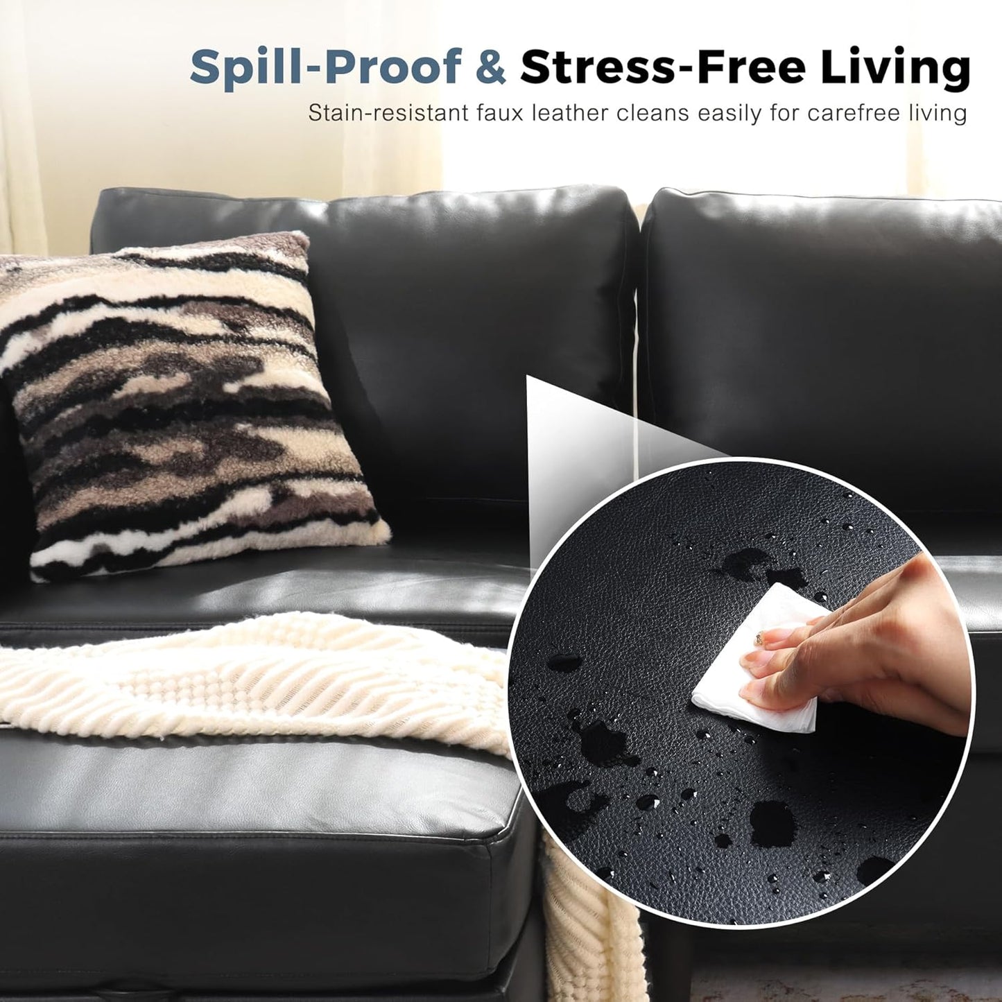 91.5" Faux Leather Modular Sectional Sofa, L Shaped Couch Set for Living Room, 3-Seater Comfy Cloud Couches with Movable Storage Ottoman,DIY Combination - Black