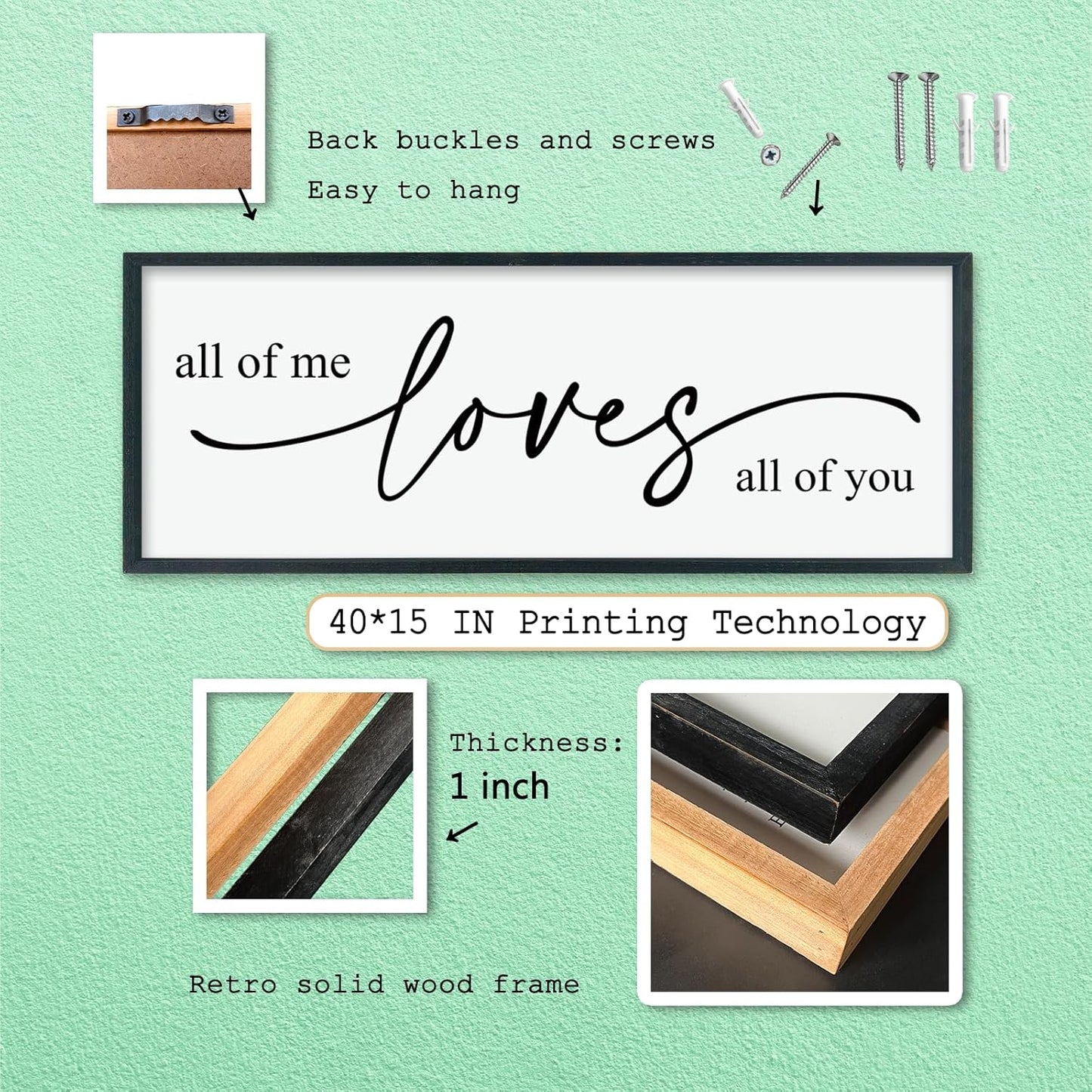 LuZhiQiang All Of Me Loves All Of You Wall Decor Art 40"×15" Master Bedroom Above Over Bed sign Love Quotes Large Framed Wooden Wall Hanging (Black)