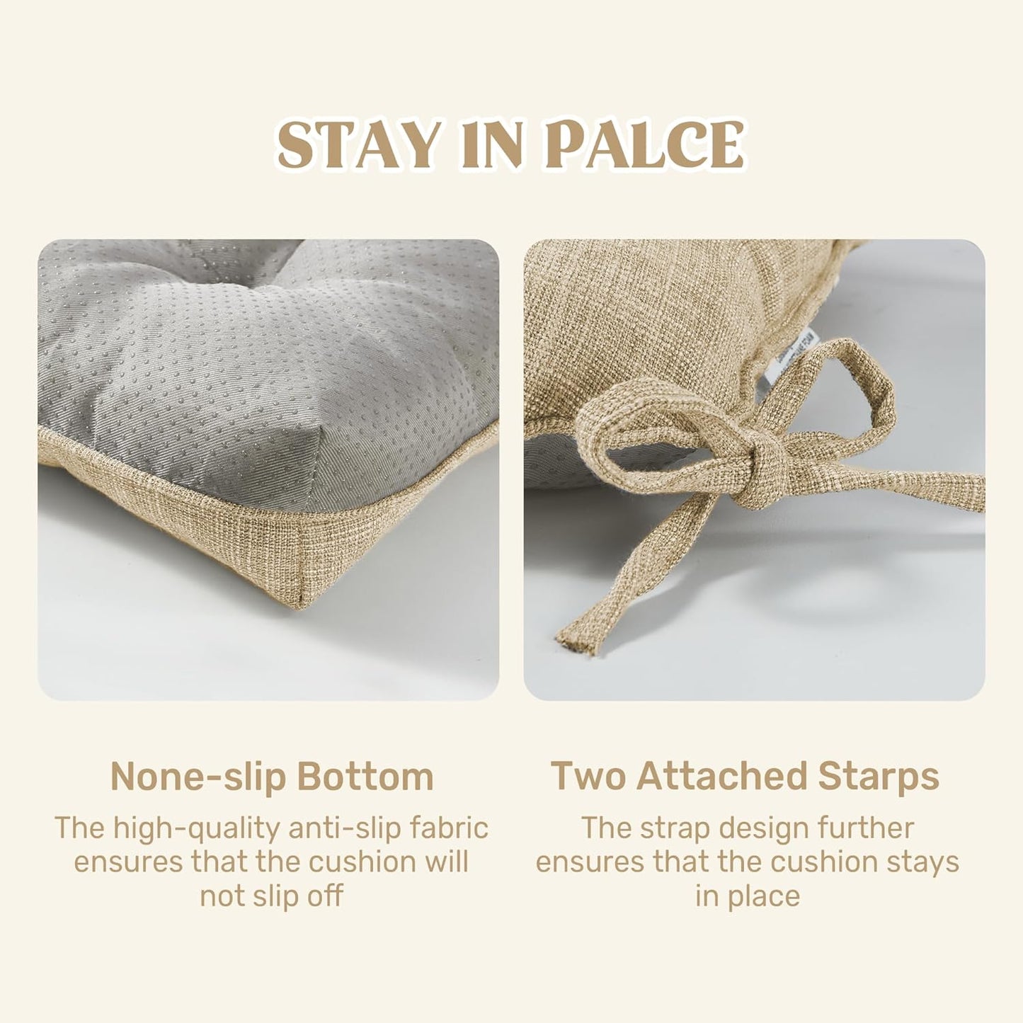 puredown® Chair Cushions for Dining Chairs, Tufted Memory Foam Chair Pads with Non-Slip Backing, Kitchen Seat Cushions with Ties, Washable Seat Pad Set of 4, 15.5" x 15.5" x 4", Khaki