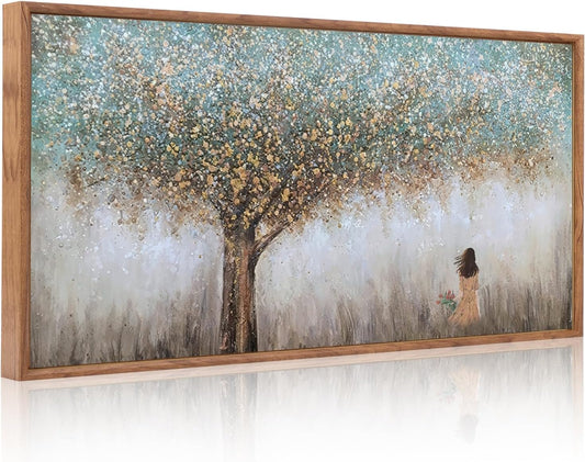 Aurlan Tree of Life Hand Painted Framed Wall Decor(40"x20"), Large Abstract Girl under Tree Oil Painting Canvas Artwork, Modern Nature Landscape Art for Office Living Room Bedroom