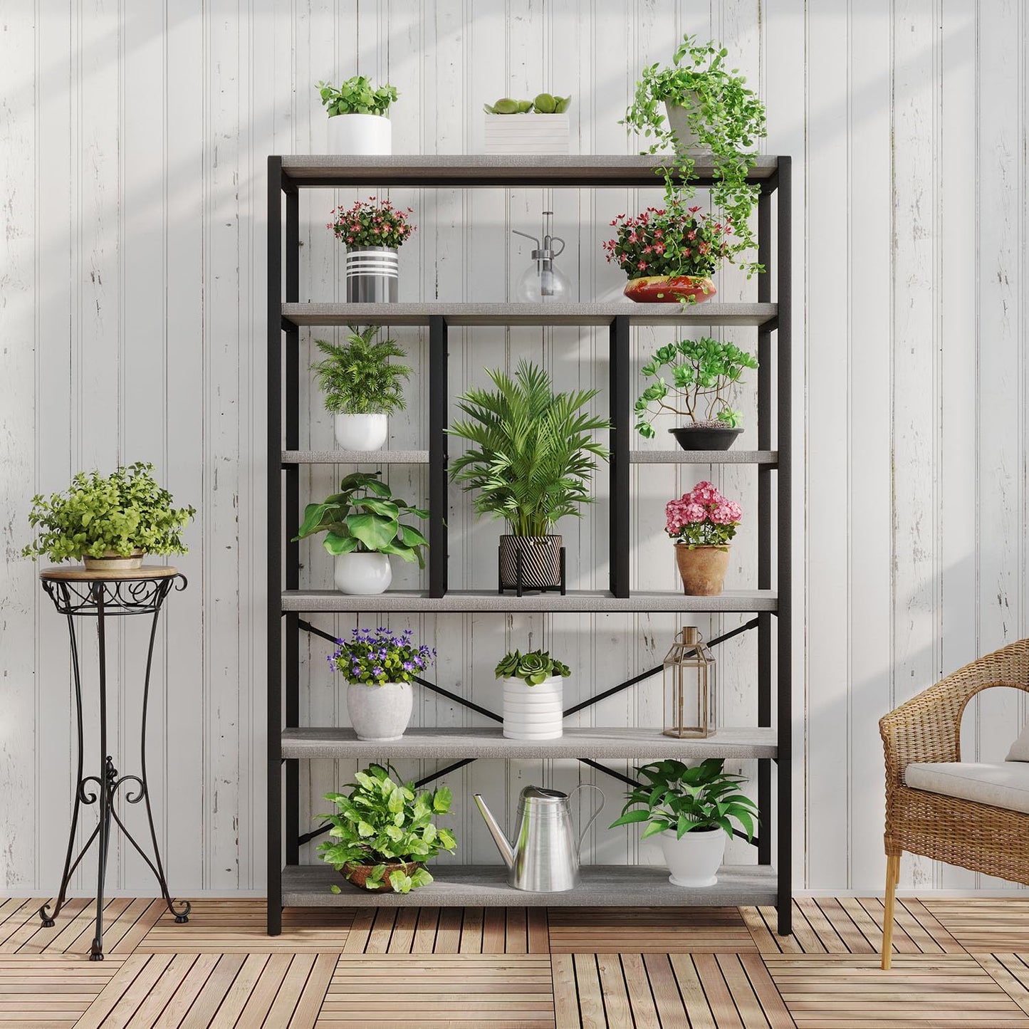 LVB Industrial 6 Tier Bookshelf, Large Tall Open Rustic Vintage Etagere Bookcase, Gray Big Wide Modern Farmhouse Wood and Metal Book Shelf for Home Bedroom Living Room Office Storage, Light Grey Oak