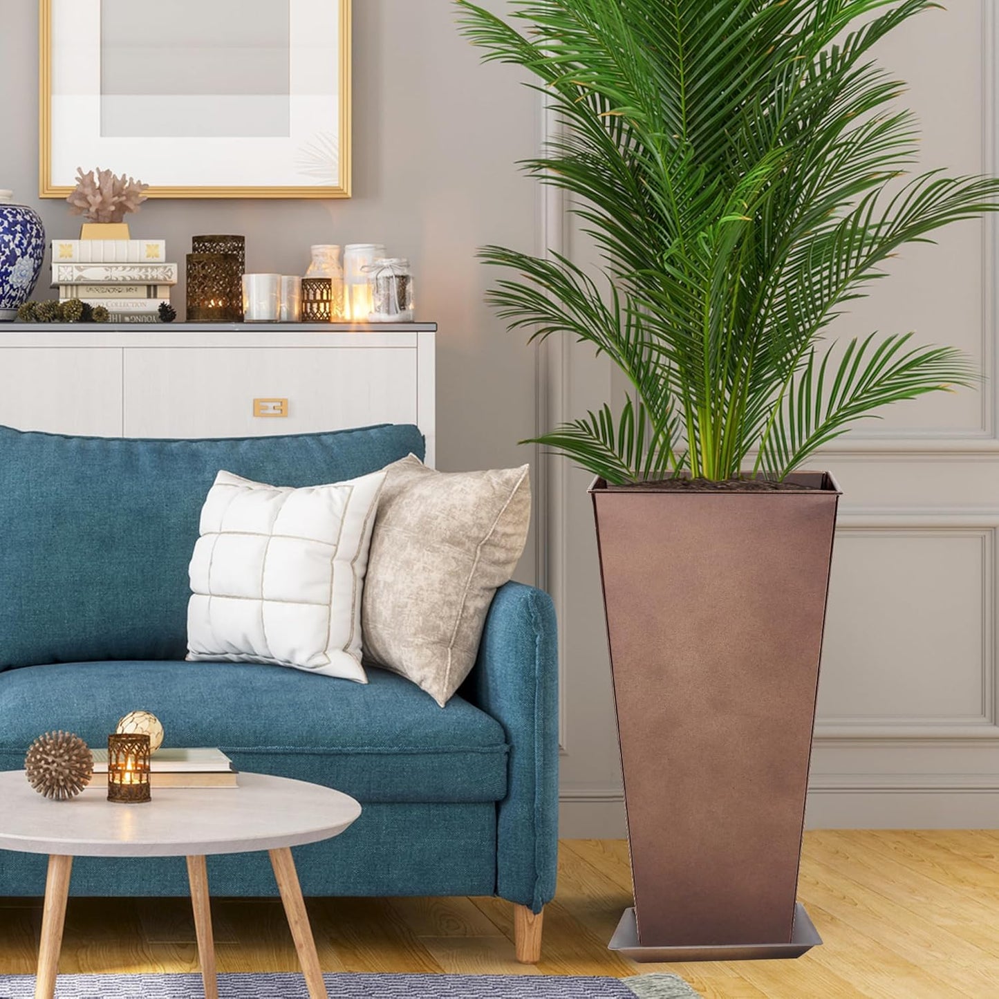 KOL 25''H. Tall Galvanized Steel Planter with Saucer, Set of 2, Planter Pots with Drainage Hole for Indoor & Outdoor Use, Decorative Flower Plant Pots for Front Porch, Patio, Deck - Rust Color