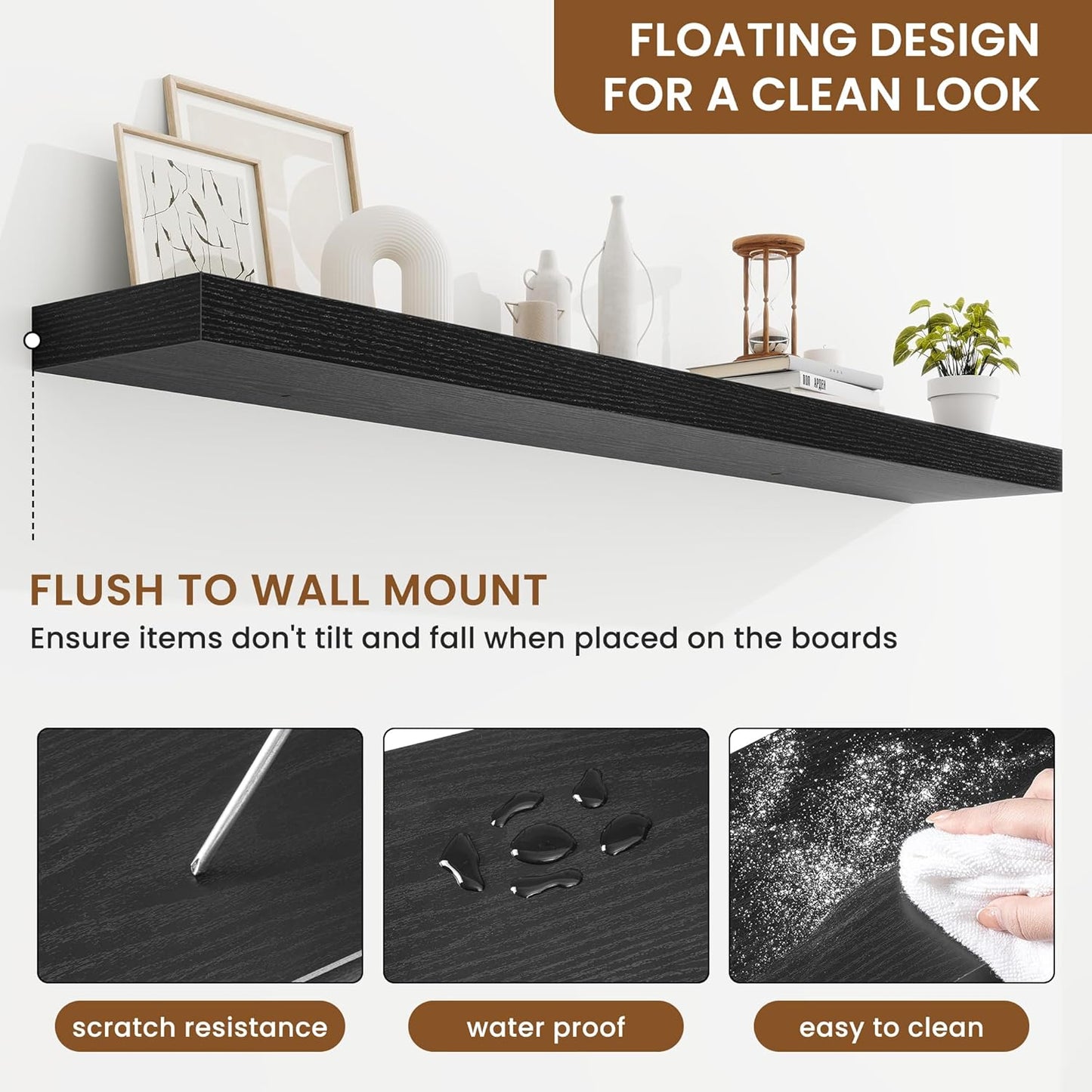 fuqing Floating Shelves for Wall, Bathroom Shelf Wall Mounted for Storage, Shelves with Invisible Bracket for Bedroom, Kitchen, Living Room, Farmhouse Small Book Shelf, 55 Inch Set of 2, Black