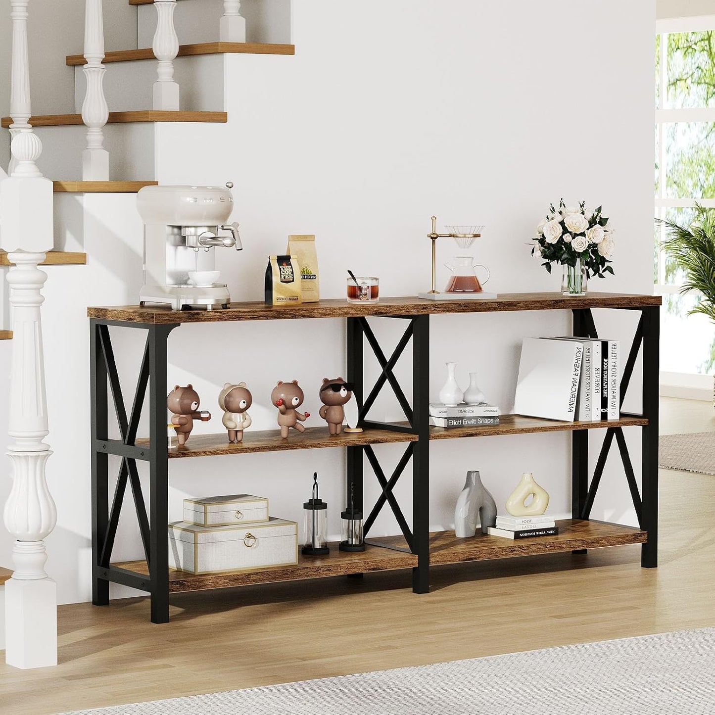 LVB Rustic Console Table, Industrial Wood Metal Sofa Table Behind Couch, Farmhouse Long Entryway Table with Storage Shelf, Large Wooden Foyer Hallway Table for Entry Living Room, Rustic Brown, 63 Inch