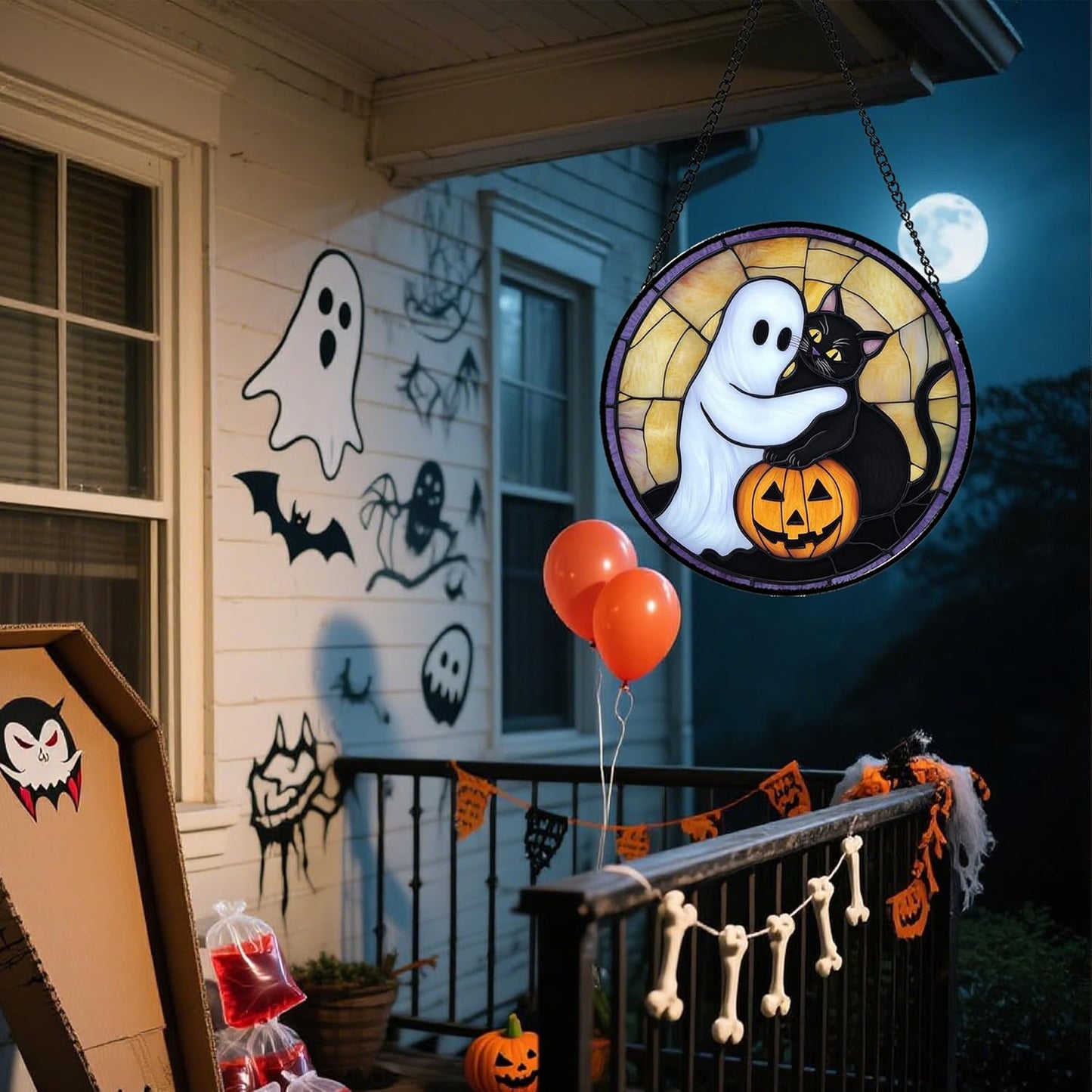 Stained Glass Window Hanging - Halloween Decorations Cute White Ghost Black Cat Suncatcher for Doors Garden Spooky Sun Catchers Gothic Decor Horror Gifts for Women Men Friend Boy 7.8 in