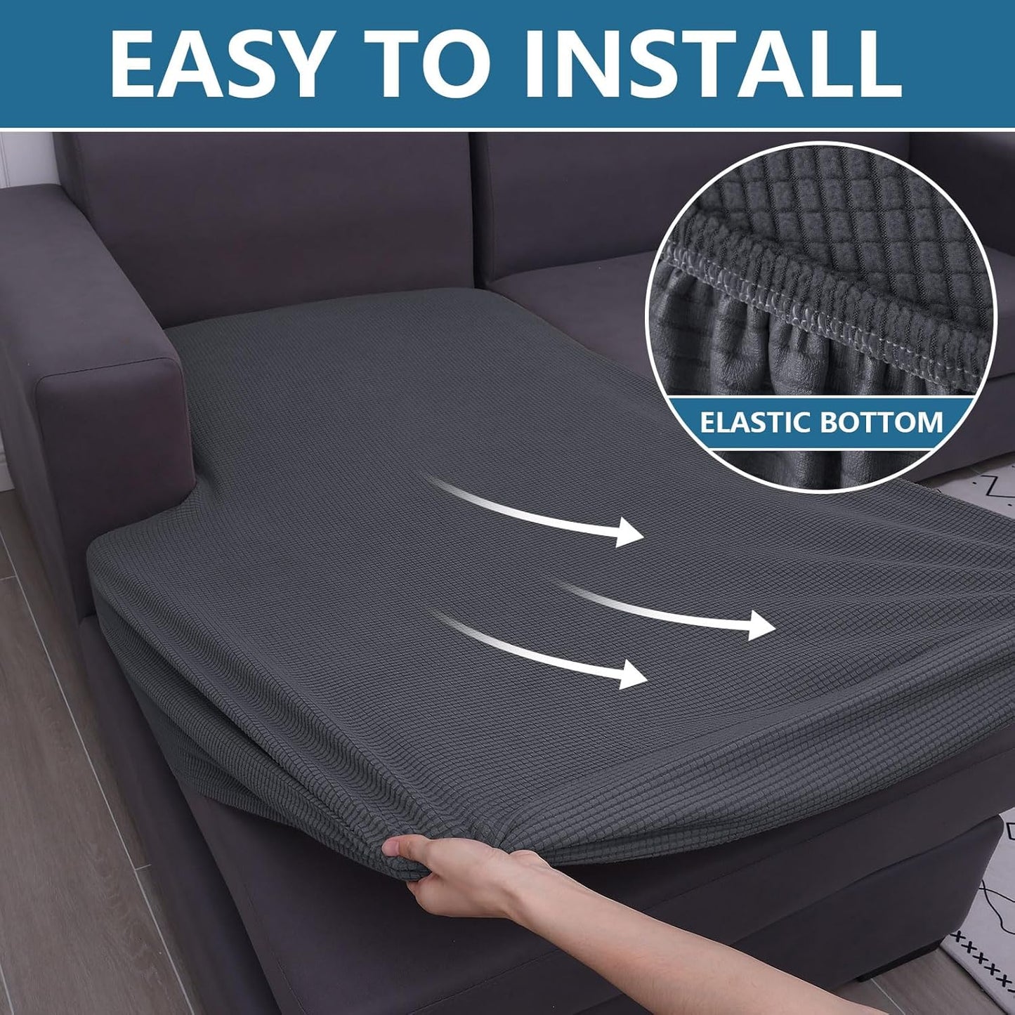 hyha Waterproof Couch Cushion Covers, Sectional Sofa Cushion Slipcovers L Shape, Thick Stretch Jacquard Fabric, Washable Chaise Lounge Cover with Elastic Bottom (1 Piece for Chaise, Grey)