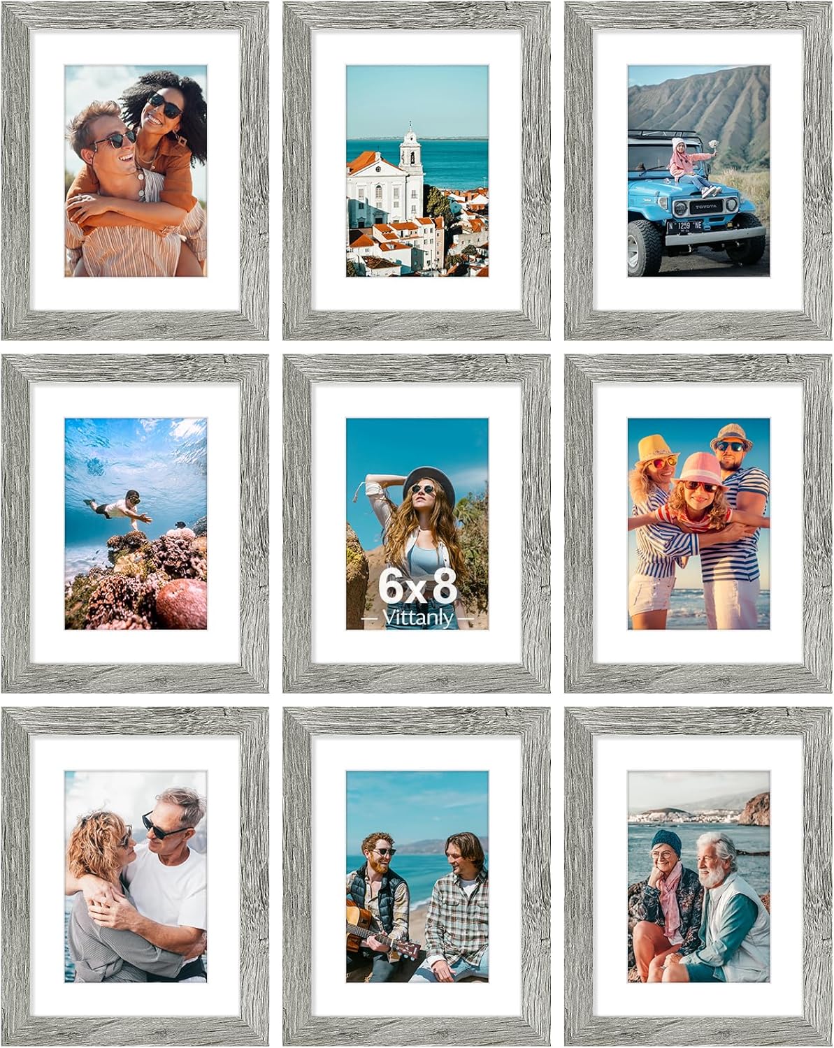 Vittanly 6x8 Picture Frames Set of 9, Shatter Resistant Plexiglass, Display 4x6 Pictures with Mat or 6x8 without Mat, Photo Frames for Wall or Tabletop, Engineered Wood, Grey