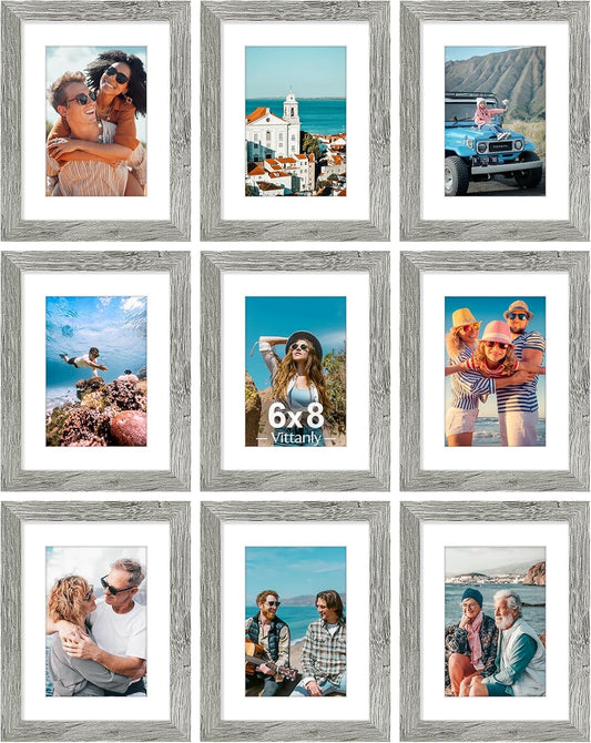 Vittanly 6x8 Picture Frames Set of 9, Shatter Resistant Plexiglass, Display 4x6 Pictures with Mat or 6x8 without Mat, Photo Frames for Wall or Tabletop, Engineered Wood, Grey