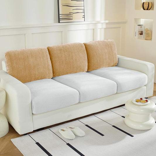Large Backrest Cushion Covers Super Stretch Backrest Covers for 3 Cushion Couch Sofa, Couch Back Cushion Covers Featuring with Chenille Yarn (Softer Version, 3PC, Khaki)