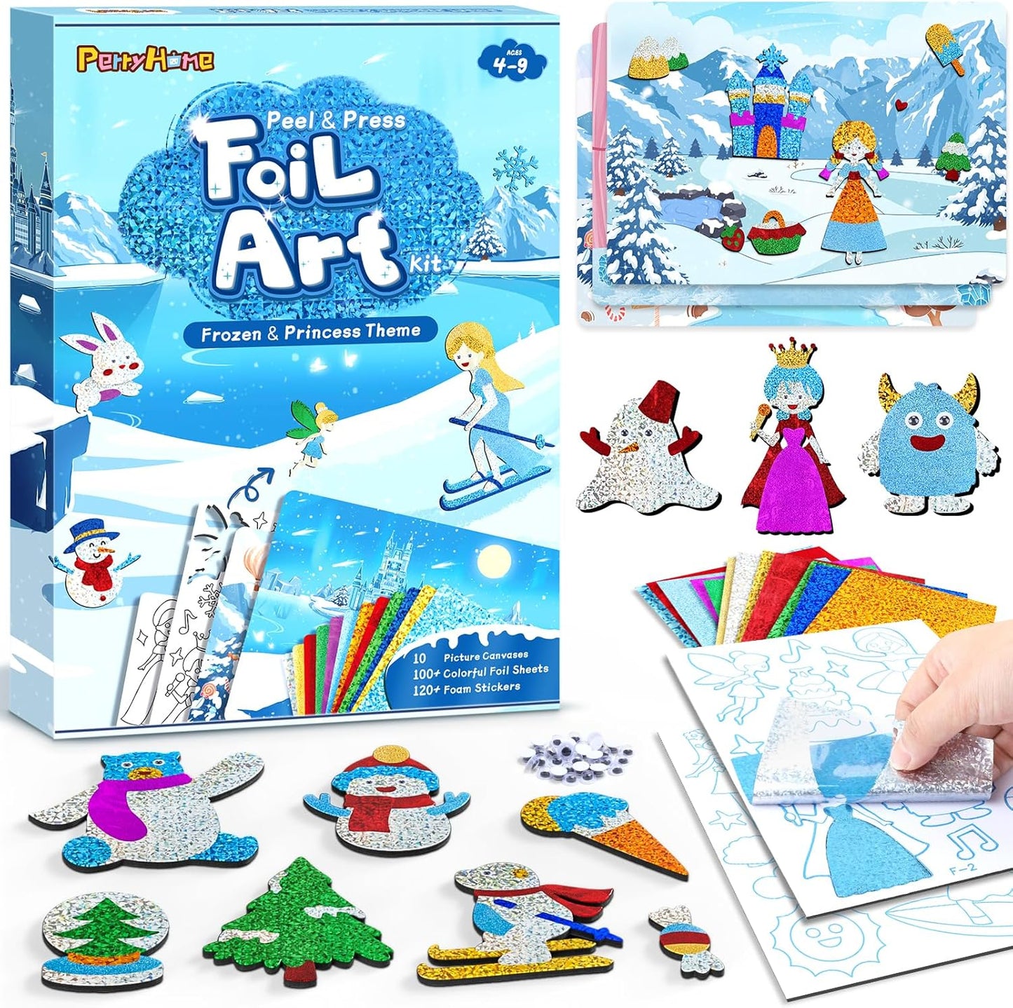 PERRYHOME Foil Arts & Crafts for Kids-DIY Frozen Fun Foil Art Kit Toys,Mess Free Coloring,Kids Car Airplane Travel Activities Toys,Birthday Christmas Gifts for Girls Children Toddler Ages 4-9