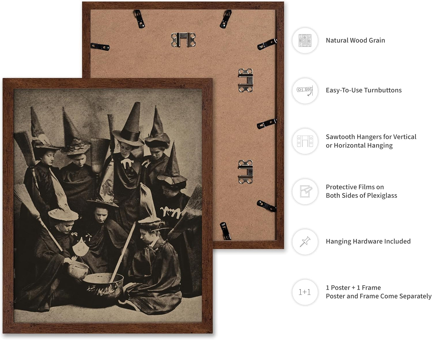 Poster Master Vintage Photograph Poster - Retro Halloween Print - Gift for Artist, Friend - Witches Cooking, Pointy Hats, Broomsticks, Black Magic - Wall Decor for Bedroom, 11x14 Brown Framed