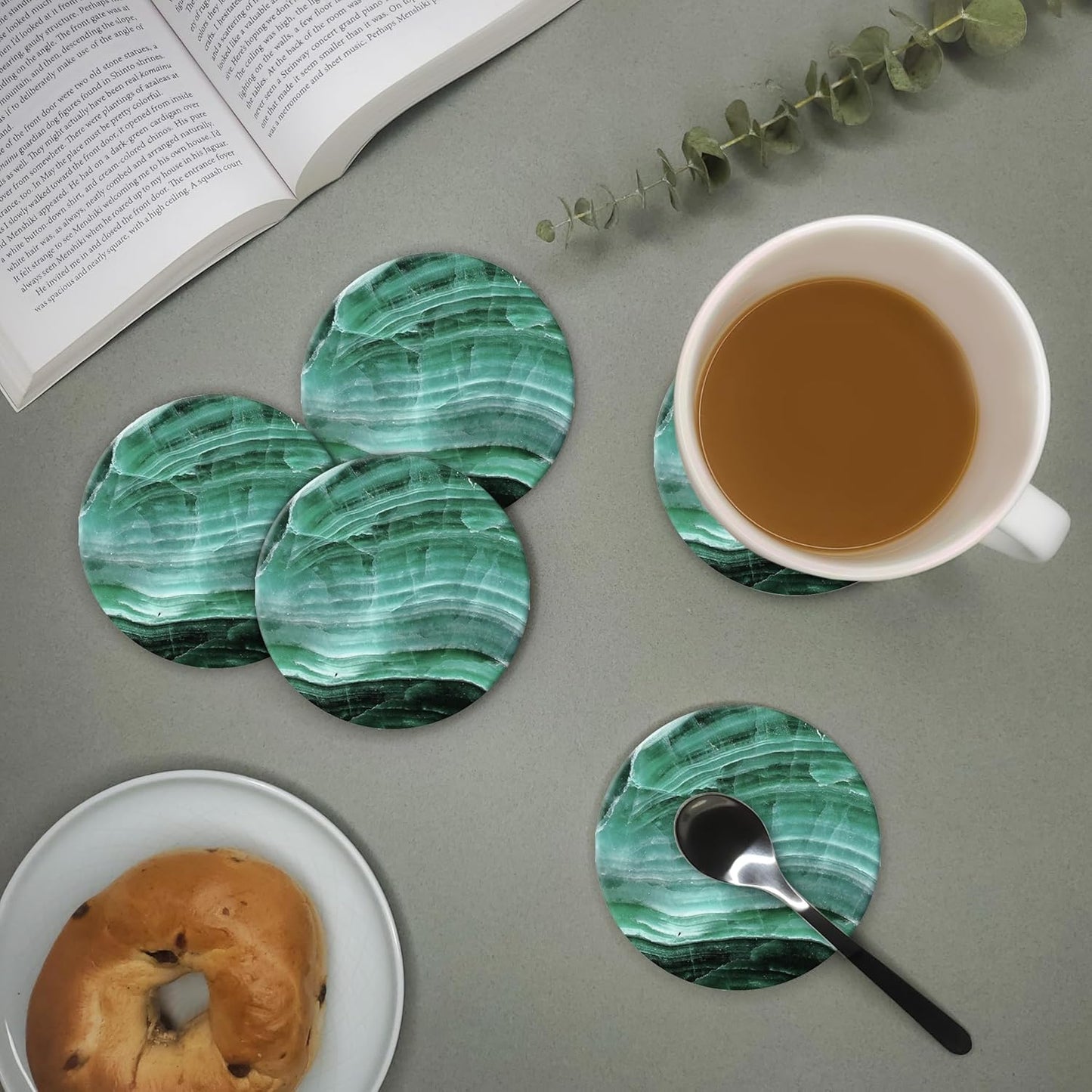 Emerson Coasters for Drinks Absorbent – Dining Table Set of 6 with Holder, 100% Ceramic Wooden Tabletop Protection Marble Style - Non-Slip & Cork Bottom - Heavy Duty (Nova)