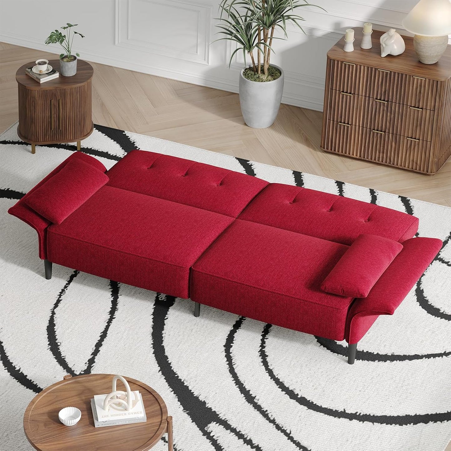 89” Futon Sofa Bed, Linen Comfy Futon Couch Bed with 2 Square Pillows, Convertible Sleeper Sofa with Adjustable Backrest& Armrests, Modern Loveseat Sleeper for Living Room, Bedroom, Red