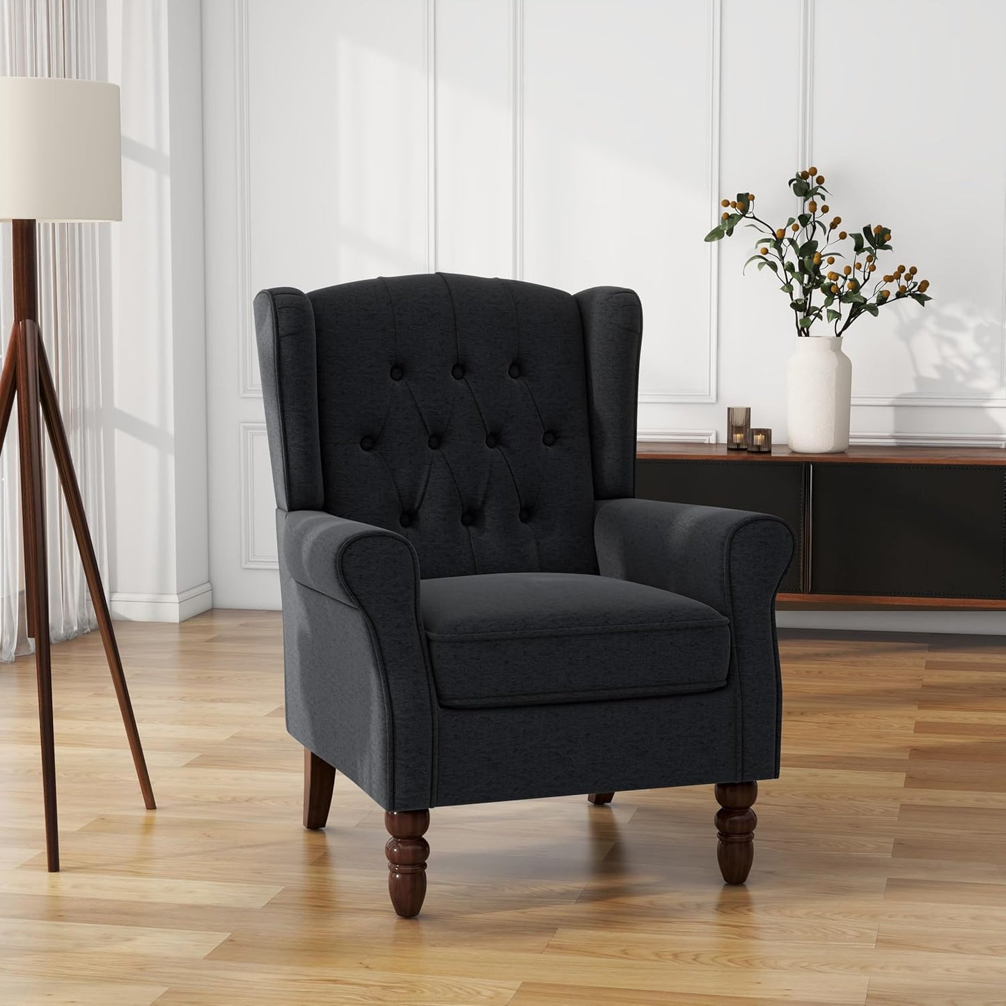 UIXE High Back Accent Chairs Set of 2, Upholstered Armchair in Fabric, Retro Wingback Arm Chair for Living Room, Comfy Single Sofa Bedroom Reading Seat with Solid Wood Legs - Black Blue