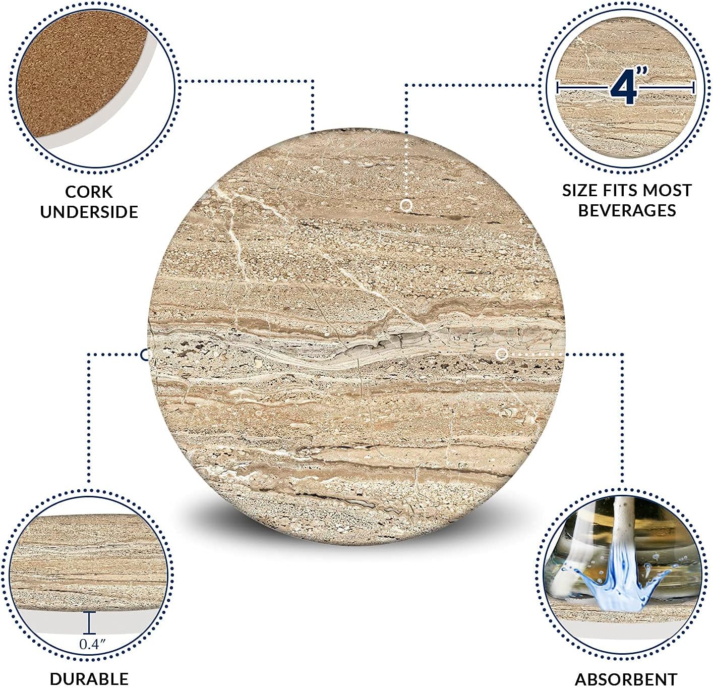 Emerson Coasters for Drinks Absorbent – Natural Stone Drink Coasters Set with Holder, Coasters for Coffee Table, Wooden Tabletop Protection Marble Style – 100% Heavy Duty Set of 6 (Sandstone)