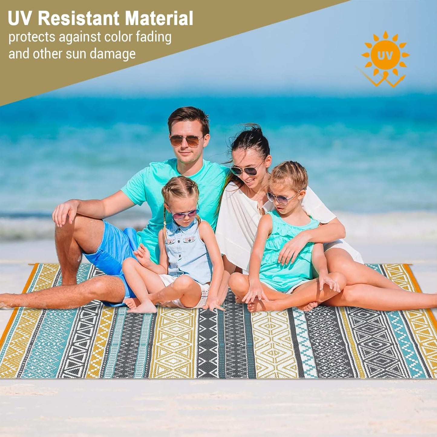 GAOMON Outdoor Rugs Patio Camping Waterproof Rug 6'x9' Plastic Straw Patio Rug Portable for Campers, Outside RVs Mat for Patios Clearance, Backyard Porch, Balcony, Teal/Yellow(Bohemia)