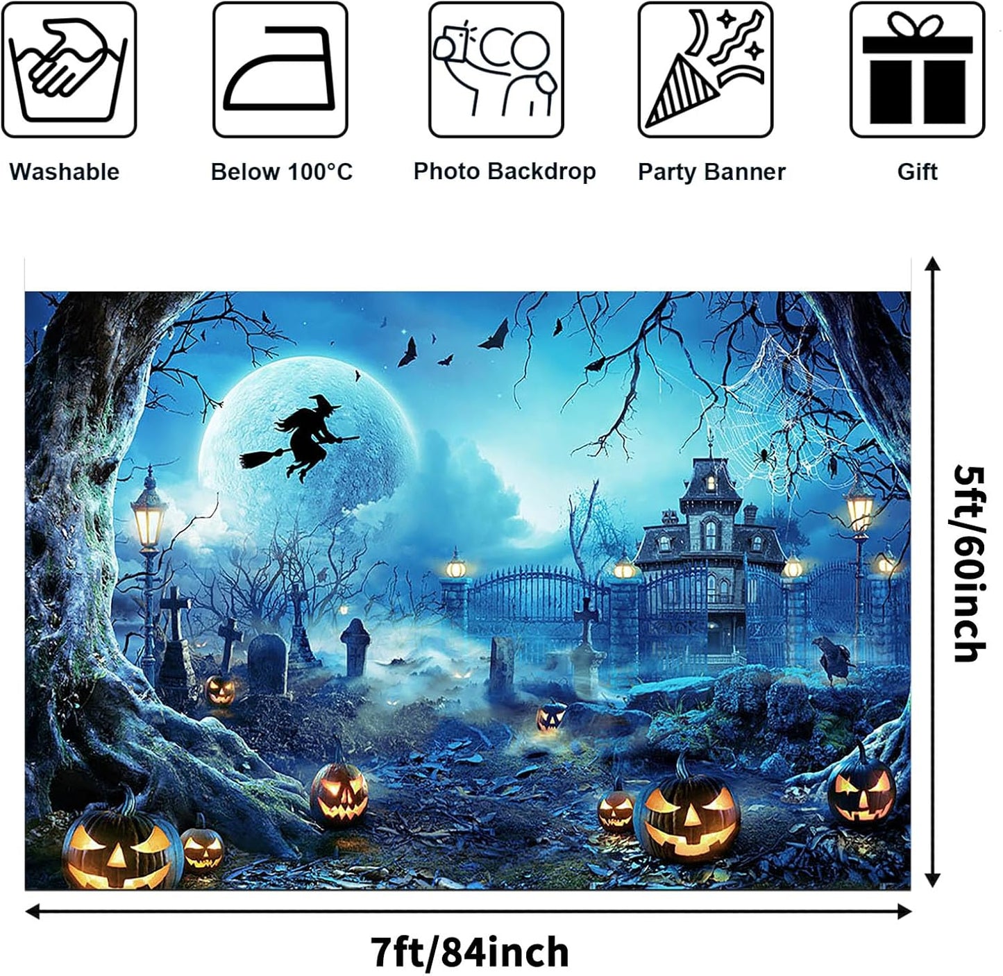 Avezano Halloween Photography Backdrop Full Moon Scary Night Castle Pumpkins Party Background Spooky Witch Bats Cemetery Child Kids Halloween Party Decorations Photoshoot Backdrops (7x5ft, Blue)