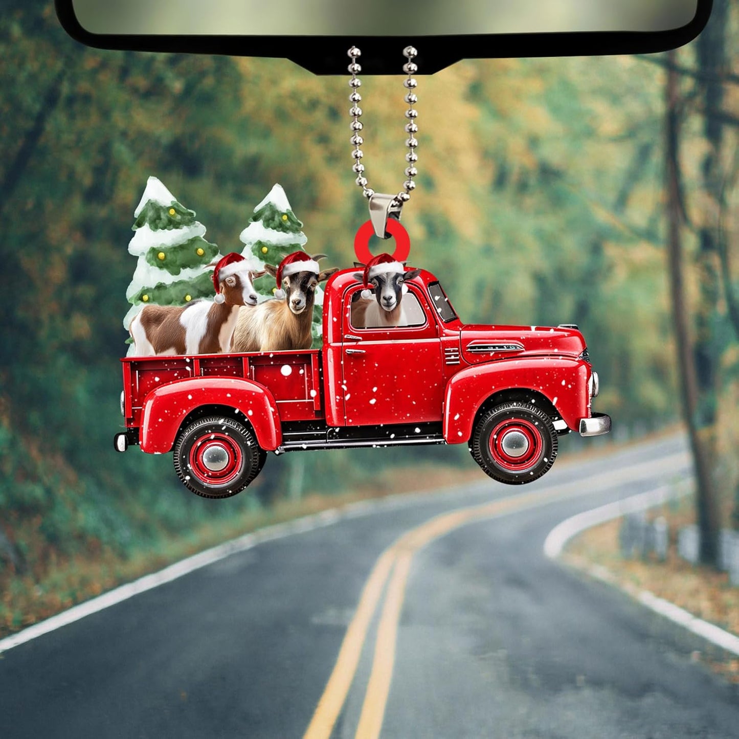 Talataca Goat Red Christmas Truck Pine Tree Farm Animal Lover 2D Flat Car Rear View Mirror Accessories Christmas Tree Ornament Decoration Hanging Charm Interior Rearview Pendant Decor Gift