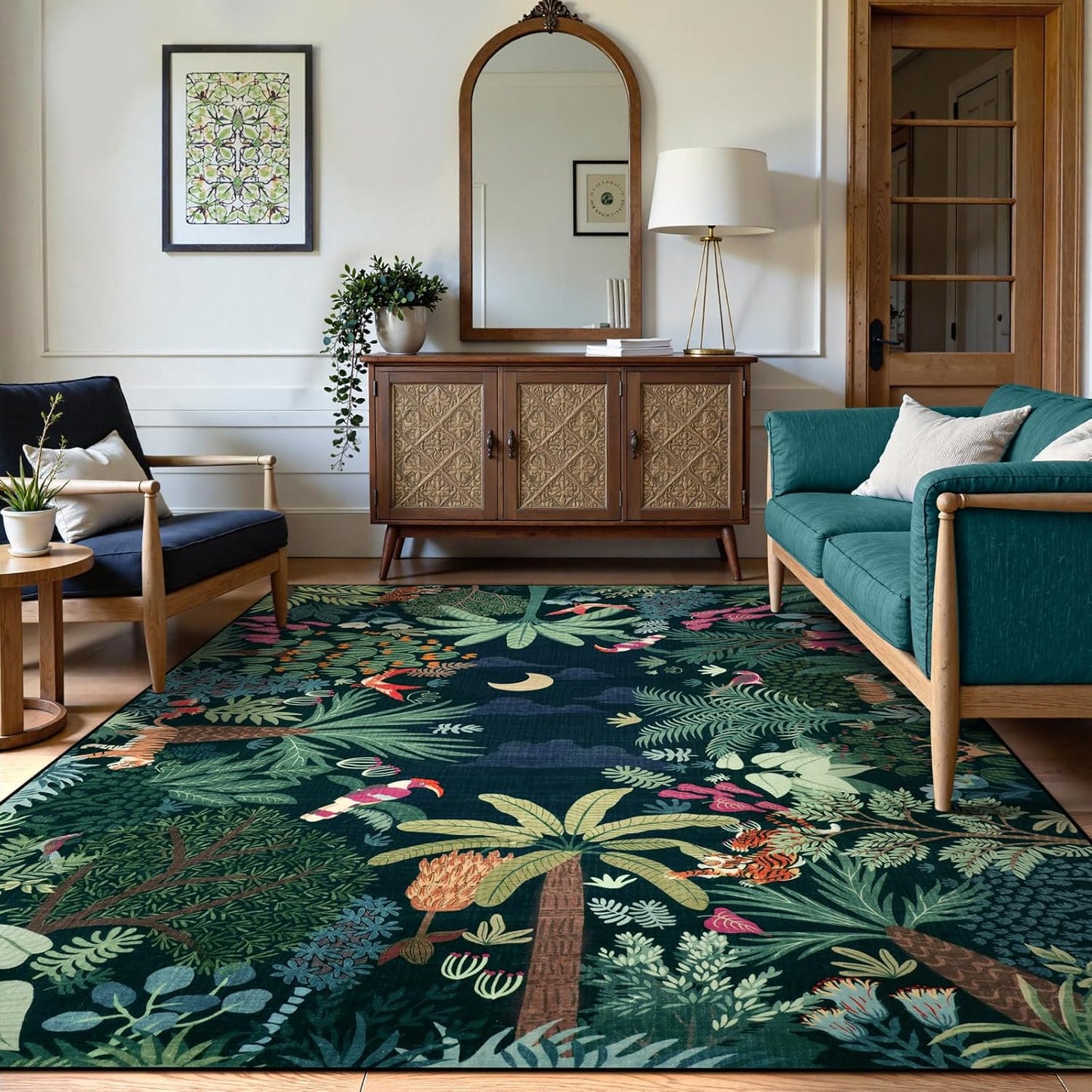 LIVEBOX 6x9 Jungle Dark Rug Dining Room Rugs for Under Table, Soft Modern Green Rugs for Living Room, Washable Kids Rug for Boy Bedroom, Non-Skid Kids Carpet Playmat for Play