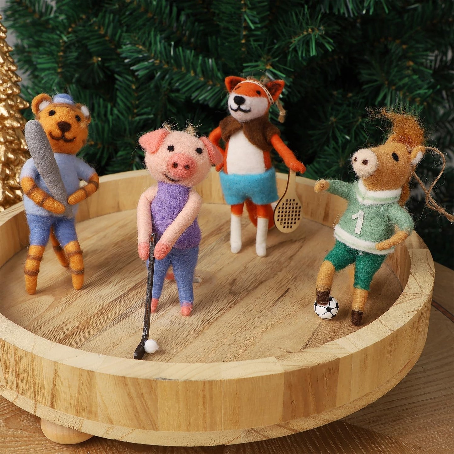 Set of 4 Christmas Felt Animal Athletes Ornaments, 5" Mini Hanging Wool Player Figurines, Tiered Tray Tabletop Decor, Animal Crafts Xmas Tree Festival Holiday Easter Gifts Home Office Party Supply
