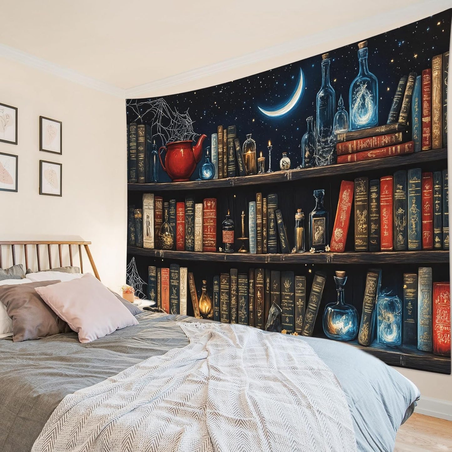 LB Gothic Bookshelf Tapestry, Horror Spider and Vintage Book Halloween Wall Tapestry for Bedroom Aesthetic, Galaxy Moon Wall Art for Living Room Dorm Home Decor Ready to Hanging, 60 x 40 Inches